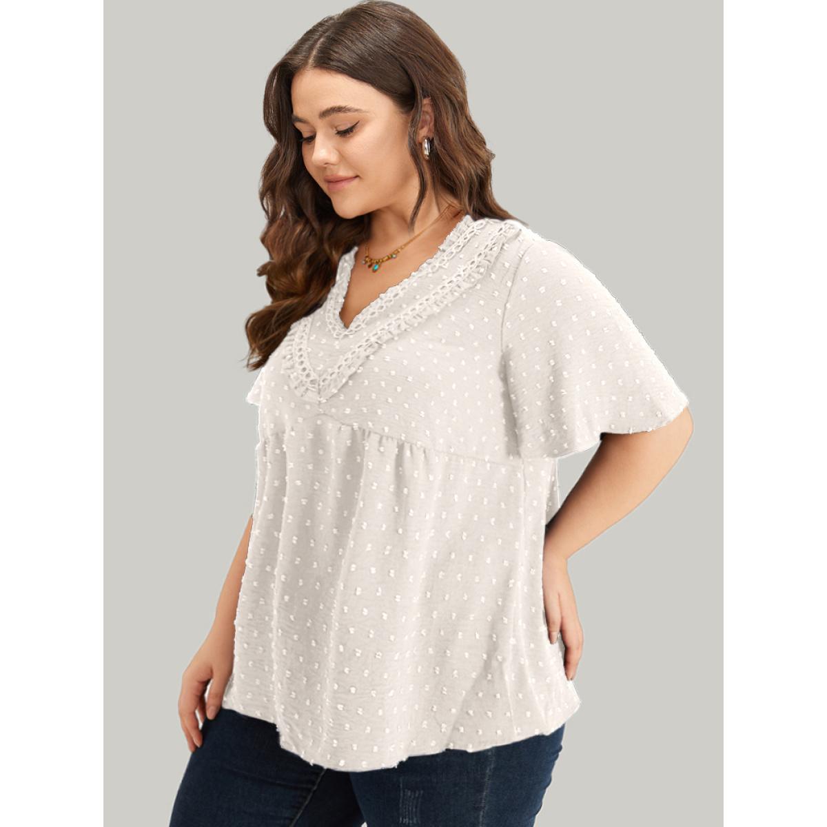Plus Size White Polka Dot Frill Trim V Neck Flutter Blouse Women Elegant Short sleeve V-neck Work Blouses BloomChic 18-20/2X Product Image