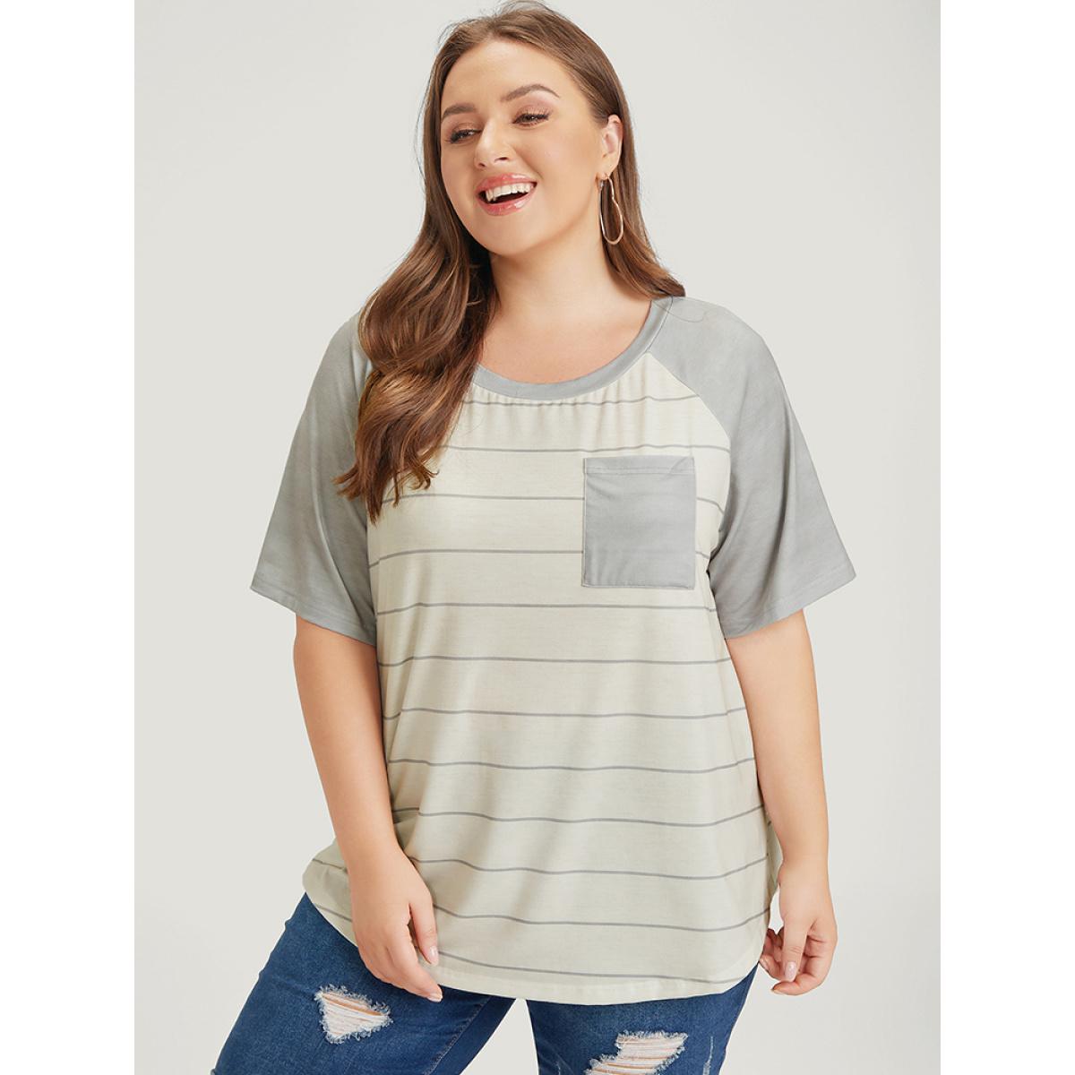 Plus Size Striped Patched Pocket Raglan Sleeve T-shirt Gray Women Casual Striped Round Neck Dailywear T-shirts BloomChic 26/4X Product Image