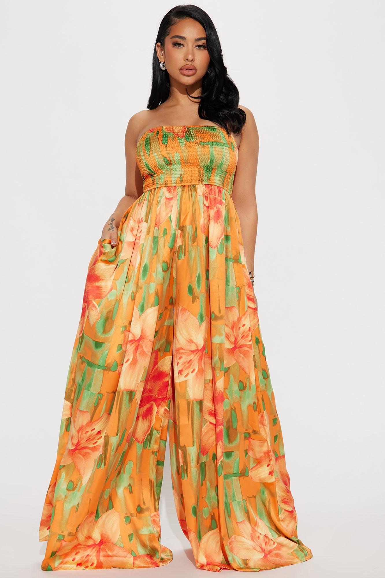 In The Flower Fields Satin Jumpsuit - Orange/combo Product Image
