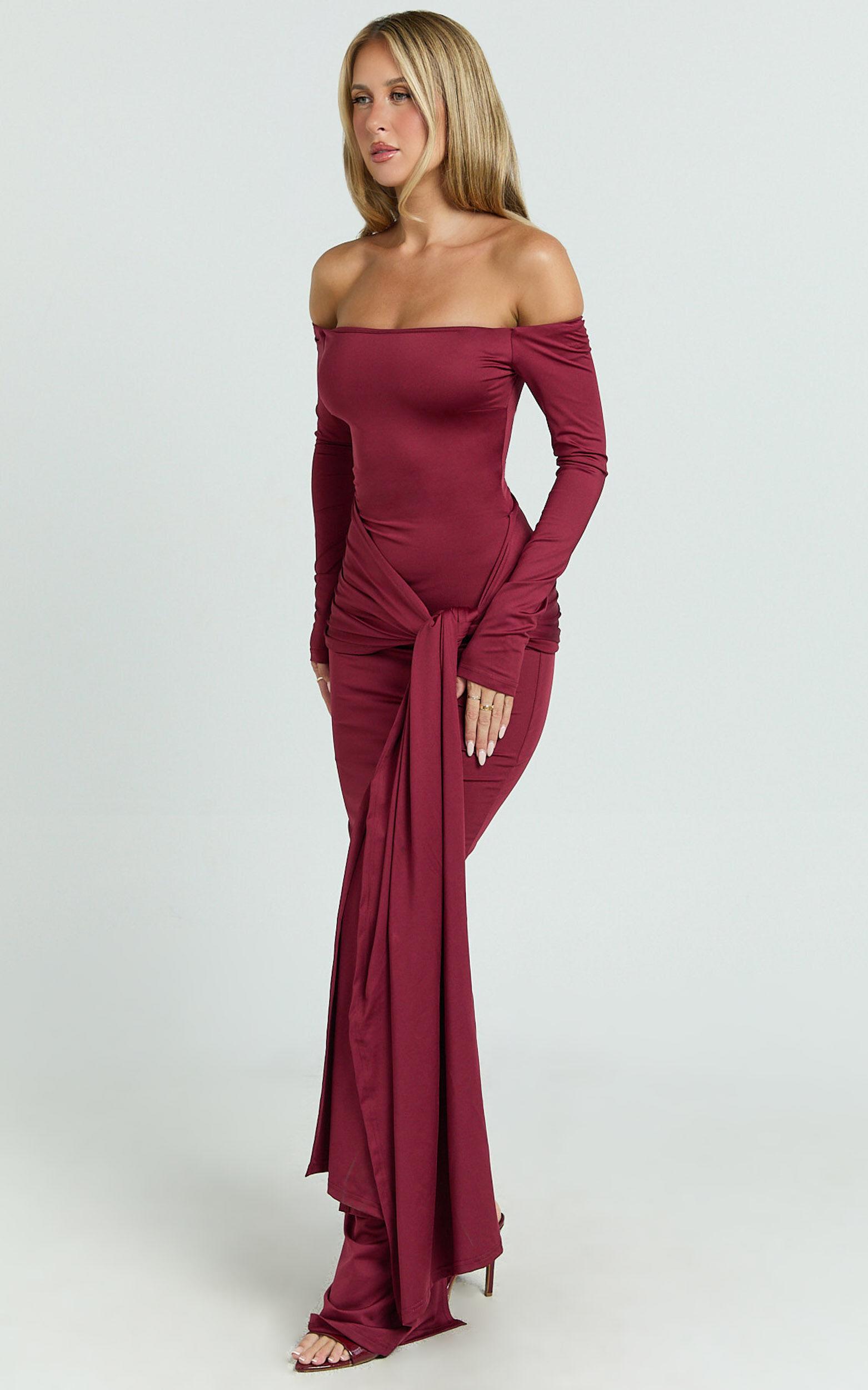 Judith Maxi Dress - Boat Neck Backless Tie Front Long Sleeve Jersey Dress in Wine Product Image