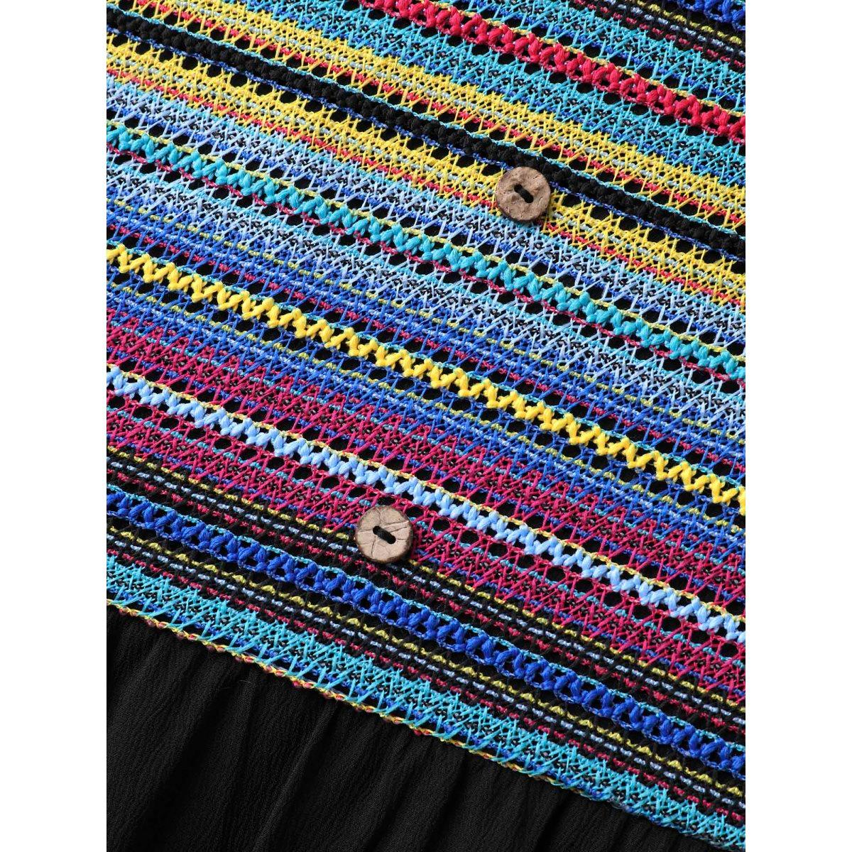 Plus Size Colorful Stripes Textured Pockets Midi Dress Black Women Flat collar with V-notch Short sleeve Curvy BloomChic 18-20/2X Product Image