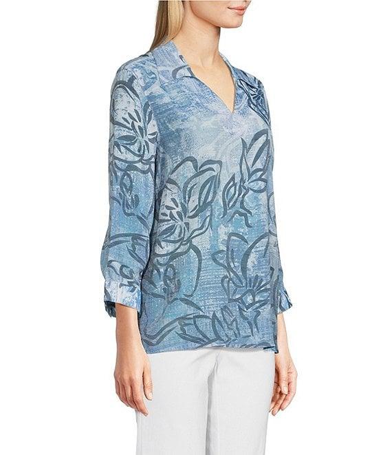 Ali Miles Woven Abstract Floral Print Point Collar 3/4 Sleeve Hi-Low Hem Tunic Product Image