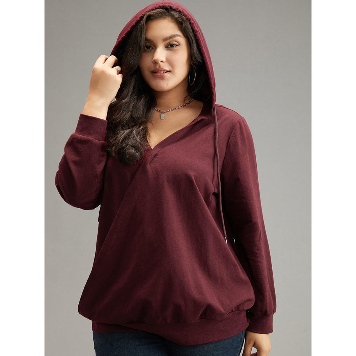 Plus Size Cotton Hooded Drawstring Sweatshirt Women Burgundy Elegant Wrap Hooded Dailywear Sweatshirts BloomChic 28/5X Product Image