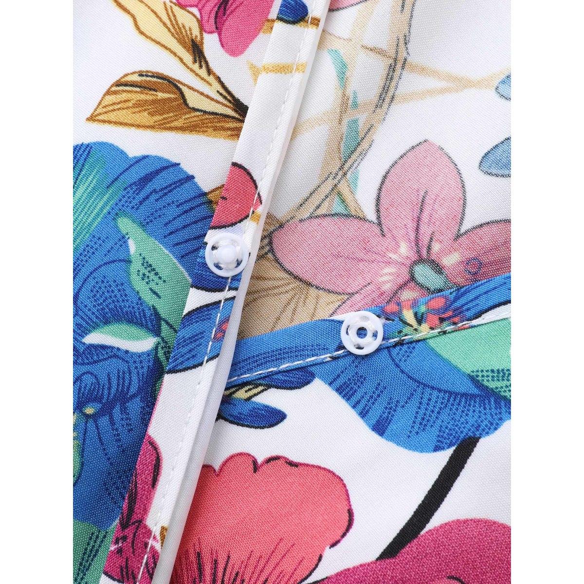 Plus Size Blooming Flowers Surplice Neck Pockets Dress Ivory Women Elegant Shirred Overlap Collar Short sleeve Curvy BloomChic 26/4X Product Image