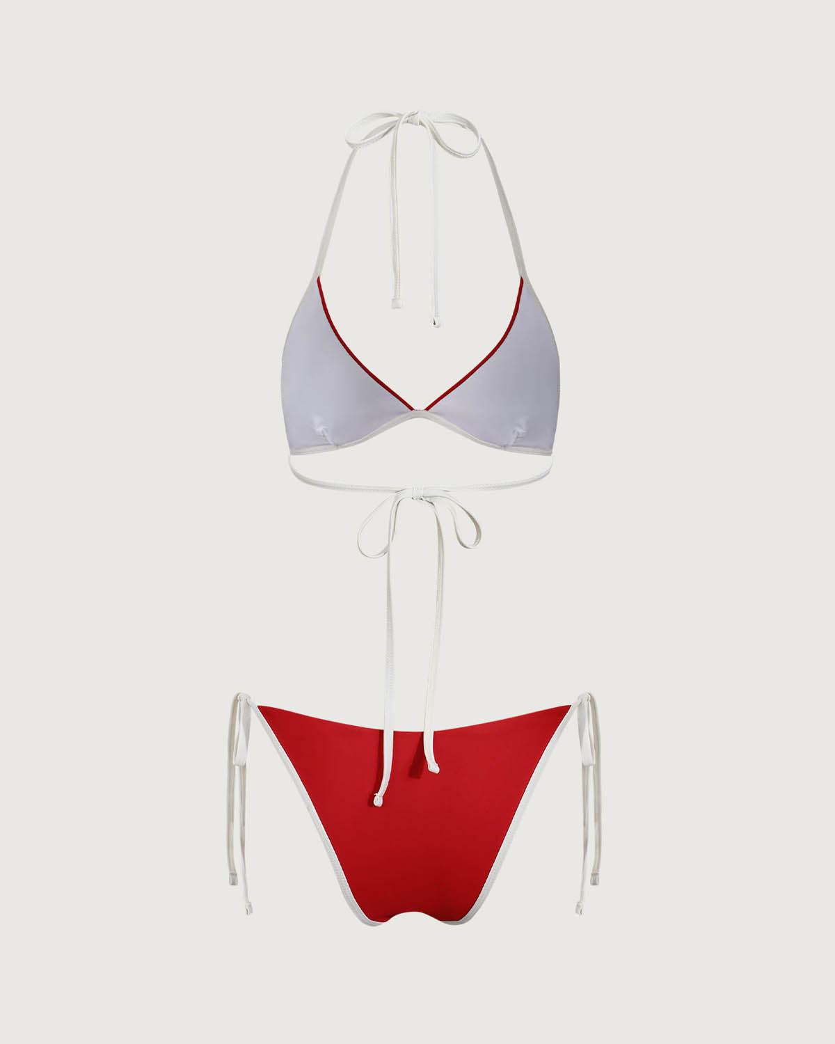 Red Contrasting Halter Triangle Bikini Set Product Image