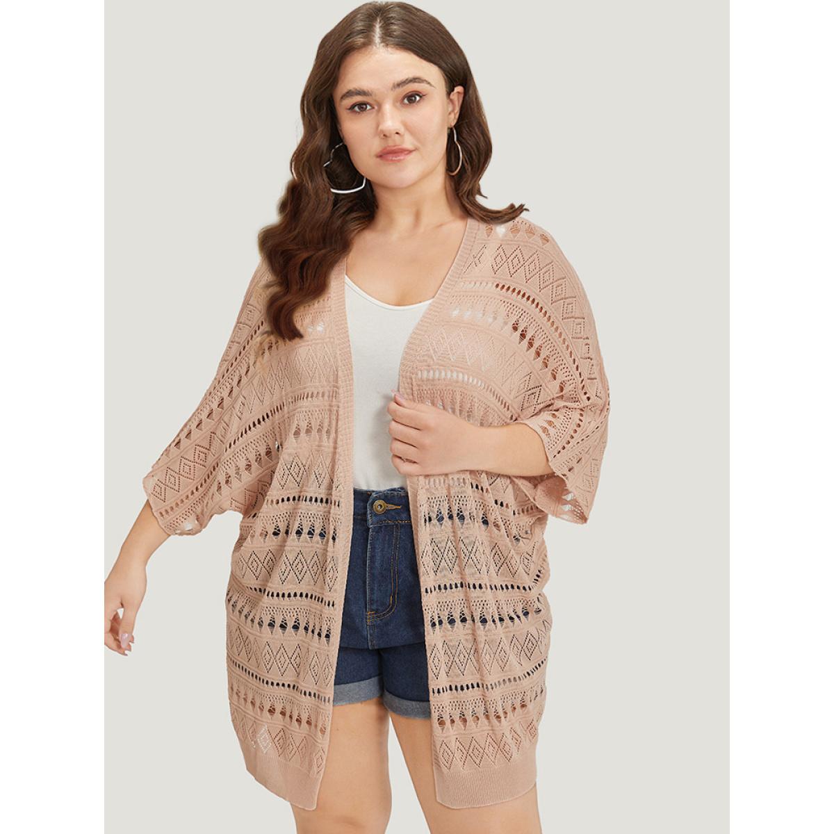 Plus Size Plain Geometric Eyelet Batwing Sleeve Open Front Cardigan Apricot Women Casual Short sleeve Everyday Cardigans BloomChic 28/5X Product Image