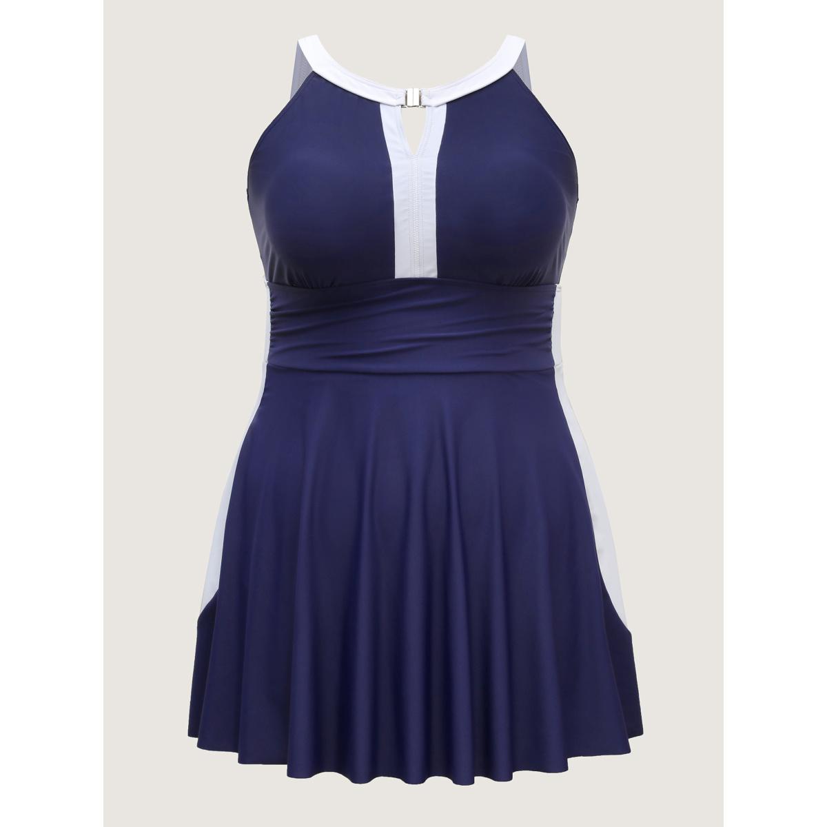 Plus Size Colorblock Contrast Neck Cut-Out Swim Dress Women's Swimwear Indigo Resort Bodycon Halter neck High stretch Curve Swim Dresses BloomChic 18-20/2X Product Image