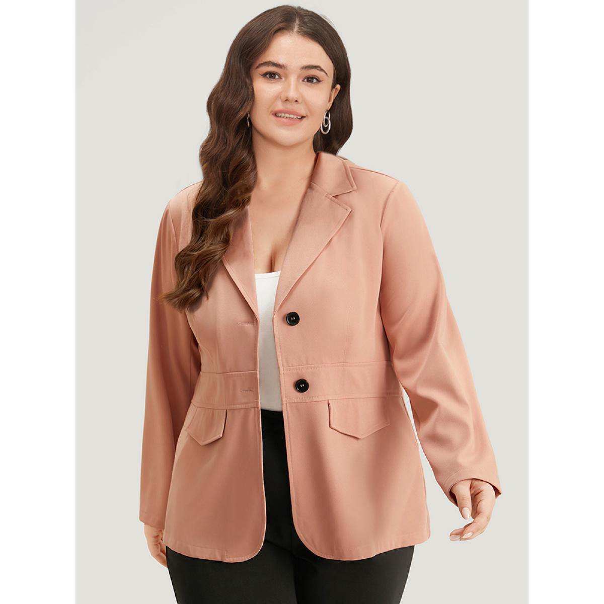 Plus Size Plain Flap Pocket Button Through Blazer Crepe Women Work Plain Plain Sleeve Long Sleeve Suit Collar 14-16/1X Office Blazers BloomChic Product Image