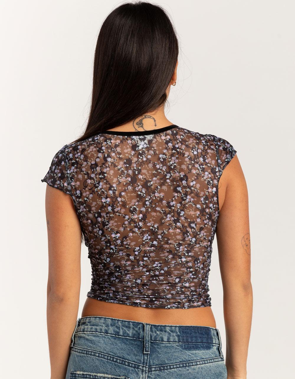 FULL TILT Printed Lace Womens V-Neck Top - BLK/MULTI Product Image