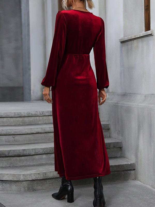 A-Line High Waisted Elasticity Solid Color Split-Front Split-Joint Tied Waist Velvet V-Neck Maxi Dresses Product Image