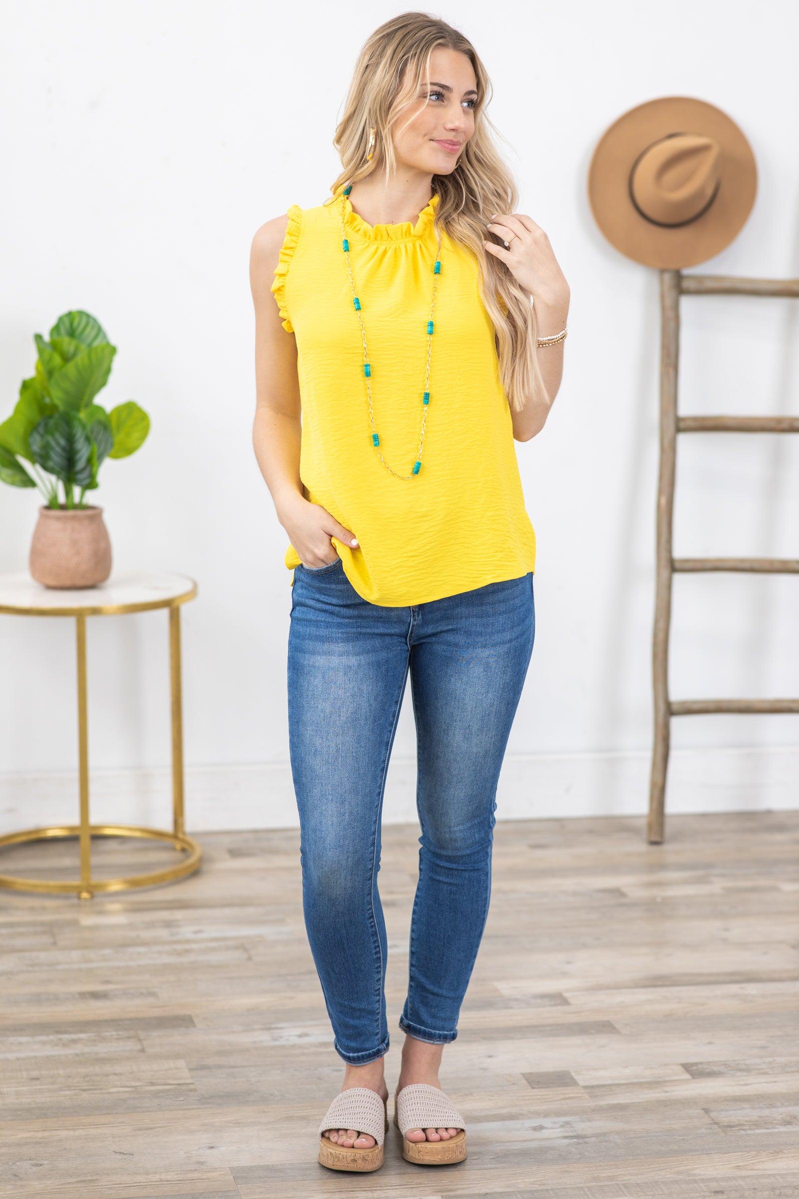 Yellow Solid Mock Neck With Ruffle Woven Top Product Image