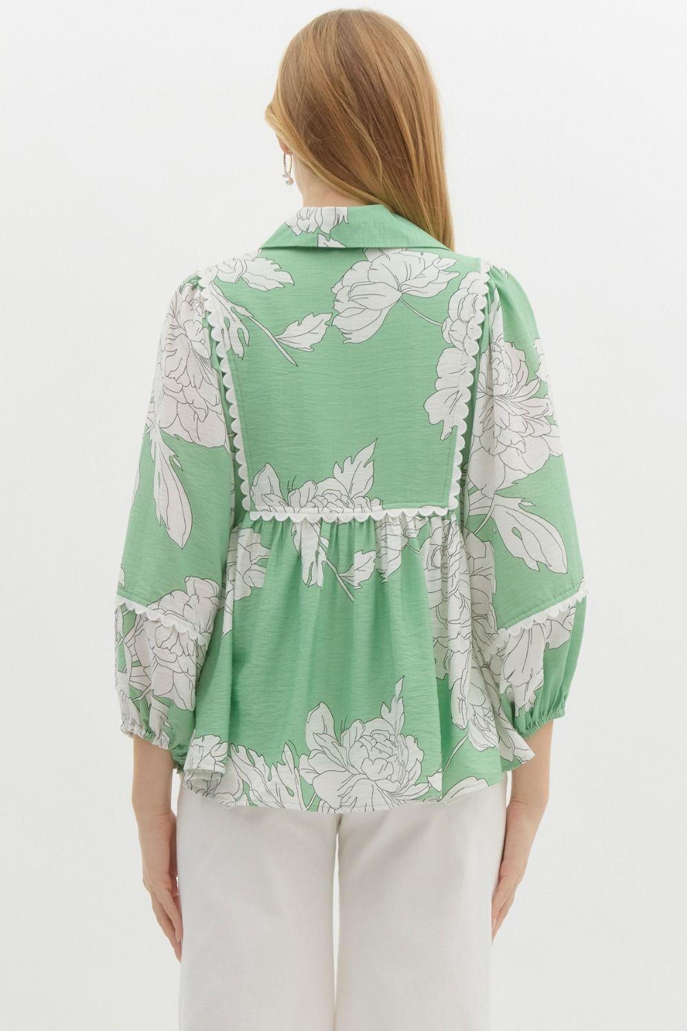 Sweet & Scalloped Mint Floral Blouse Product Image