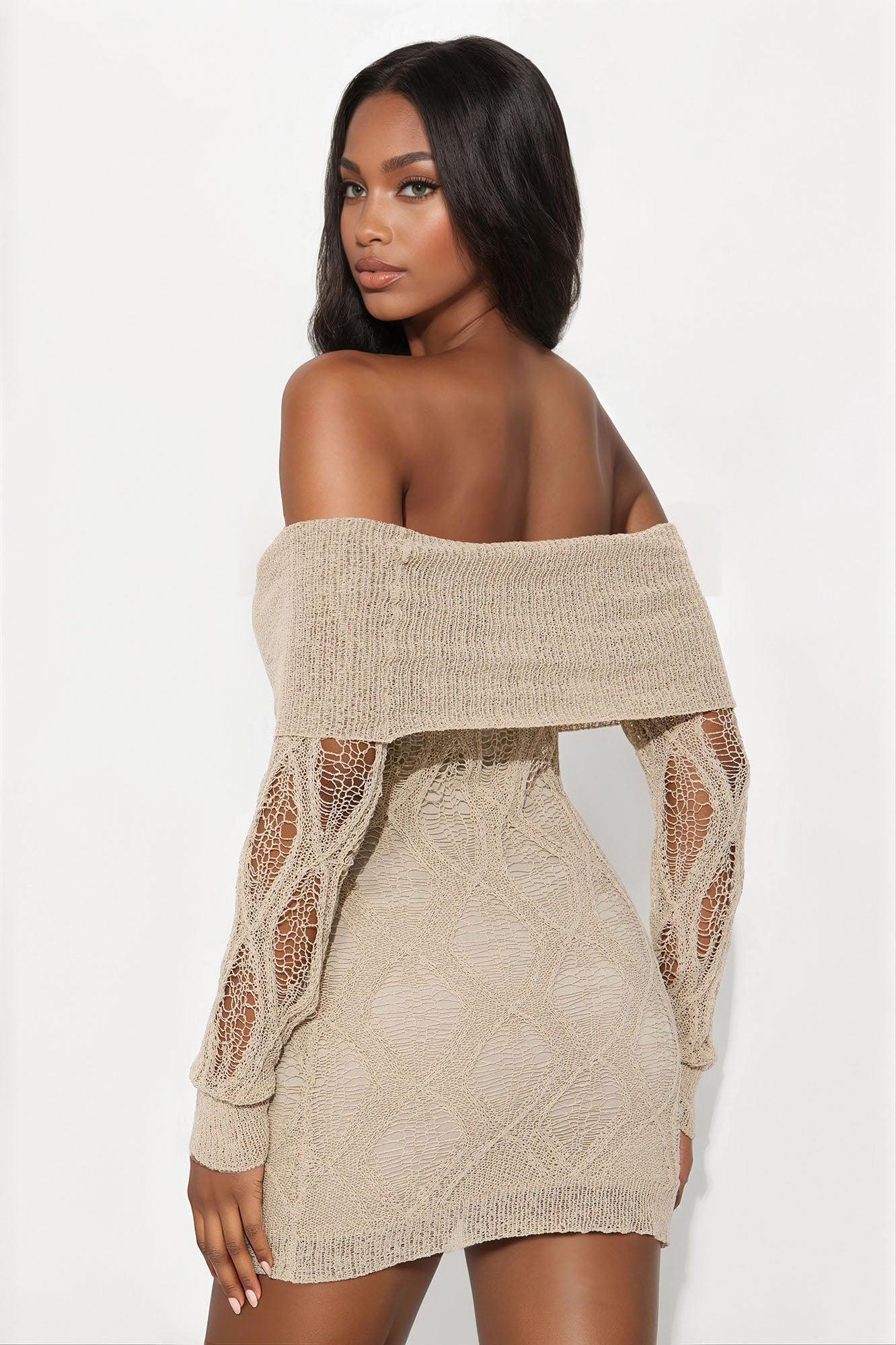 Sandy Beach Distressed Crochet Mini Dress - Beige Product Image