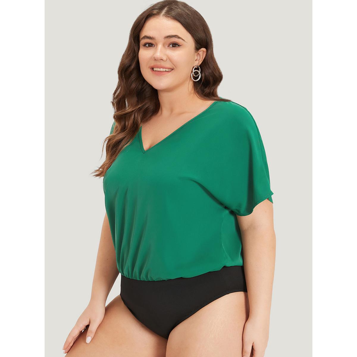 Plus Size Solid V Neck Dolman Sleeve Cut Out Bodysuit Women DarkGreen Plain Plain Bodysuits BloomChic 14-16/1X Product Image
