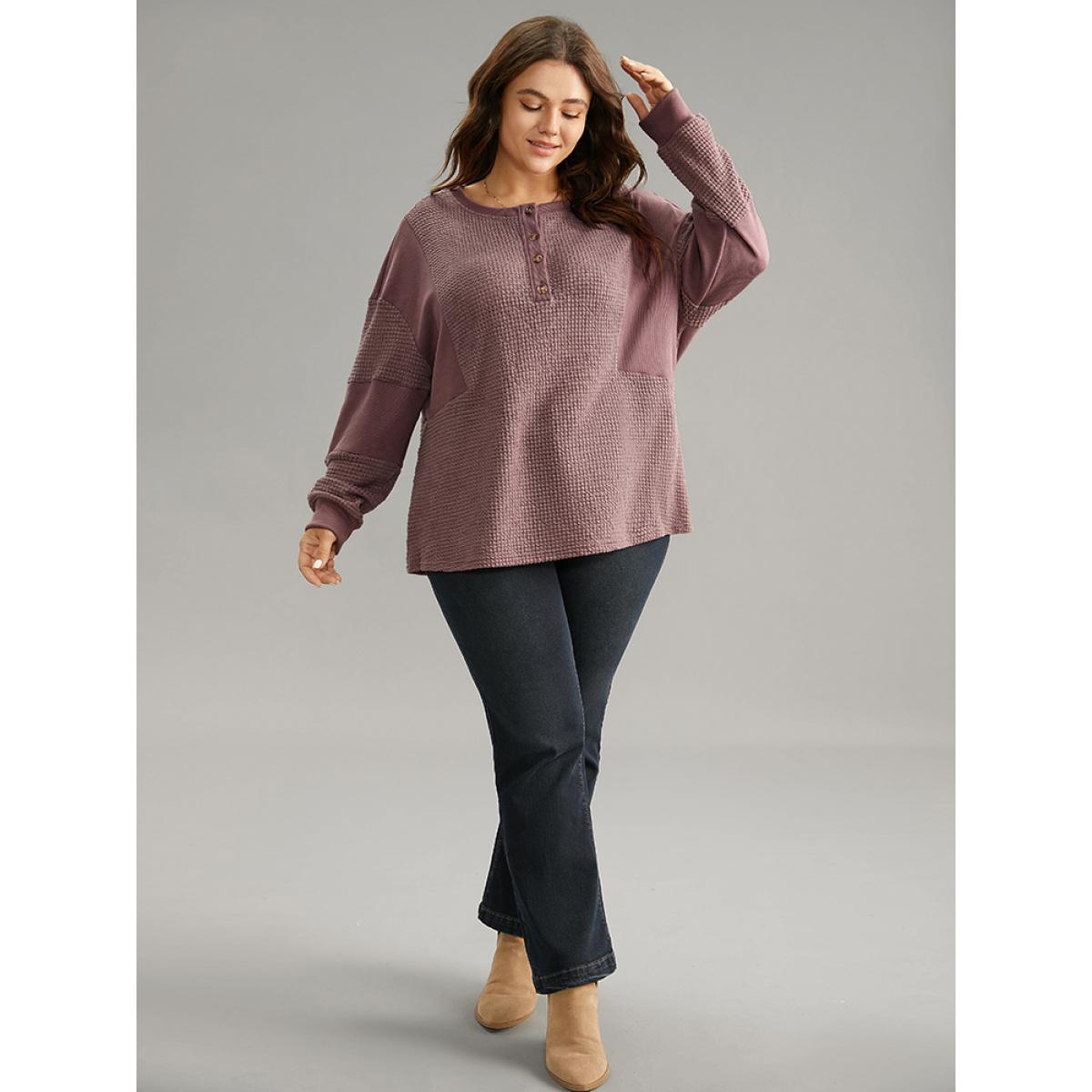 Plus Size Waffle Knit Patchwork Rib Knit Button Down Sweatshirt Women DustyPink Casual Rib Knit Open Front Dailywear Sweatshirts BloomChic 22-24/3X Product Image