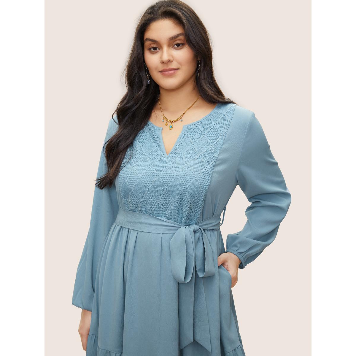 Plus Size Geometric Hollow Out Notched Ruffle Layered Hem Dress LightBlue Women Elegant Broderie anglaise Round Neck Long Sleeve Curvy Midi Dress BloomChic 30/6X Product Image