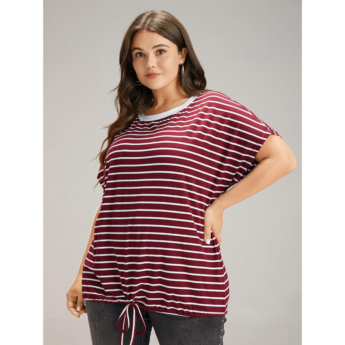 Plus Size Striped Drawstring Batwing Sleeve T-shirt Burgundy Women Casual Contrast Striped Round Neck Dailywear T-shirts BloomChic 10/M Product Image
