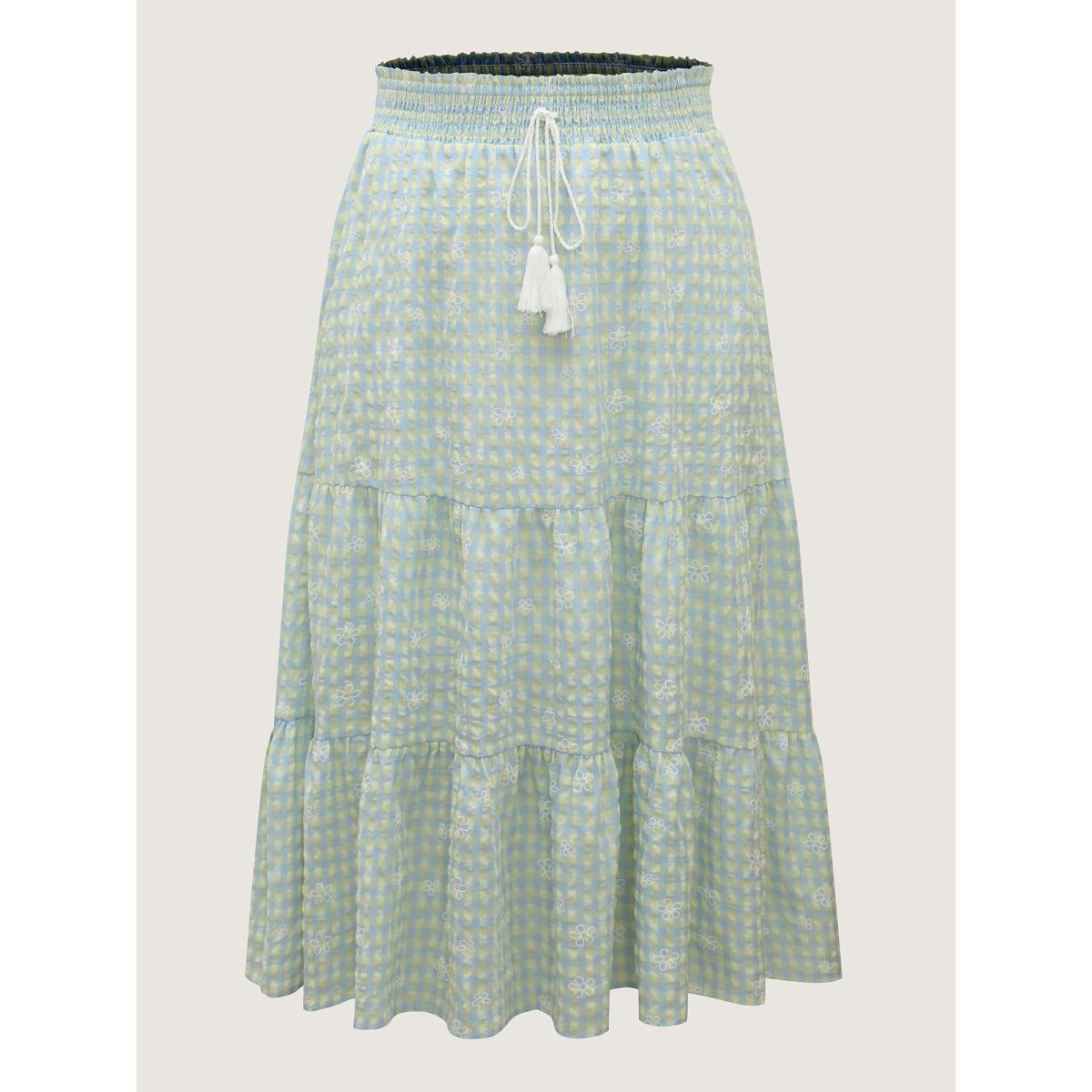 Plus Size Plaid Floral Shirred Waist Maxi Skirt Women LightBlue Loose No stretch Side seam pocket Elegant Skirts BloomChic 14-16/1X Product Image