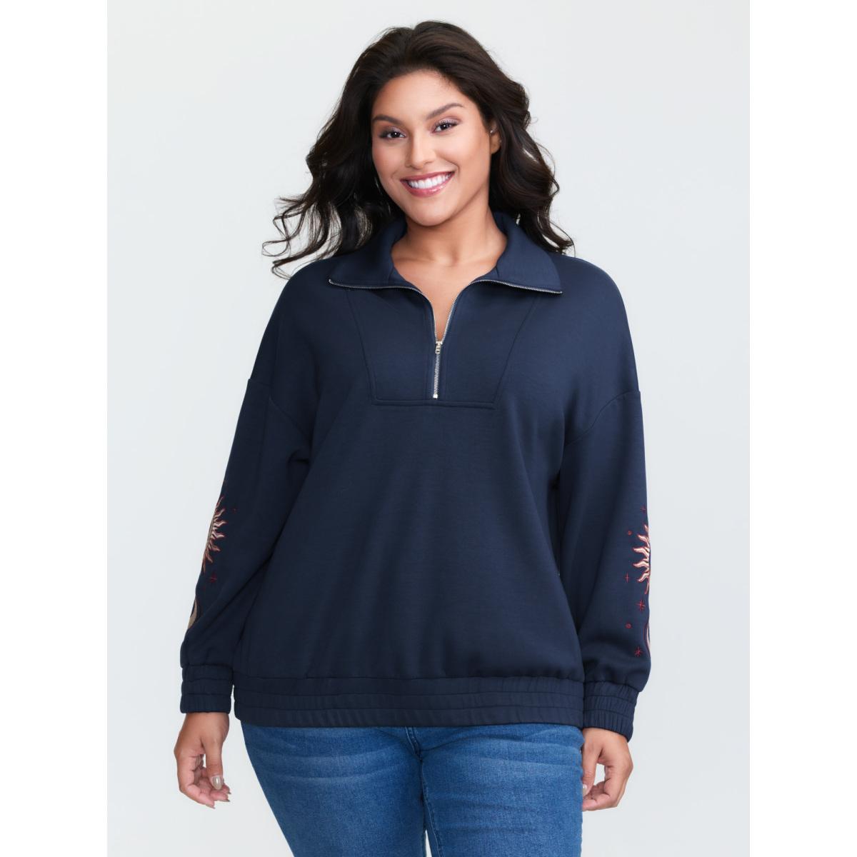 Plus Size Supersoft Embroidered Half-Zip Sweatshirt Women Navy Leisure Embroidered Lapel Collar Casual Sweatshirts BloomChic 22-24/3X Product Image