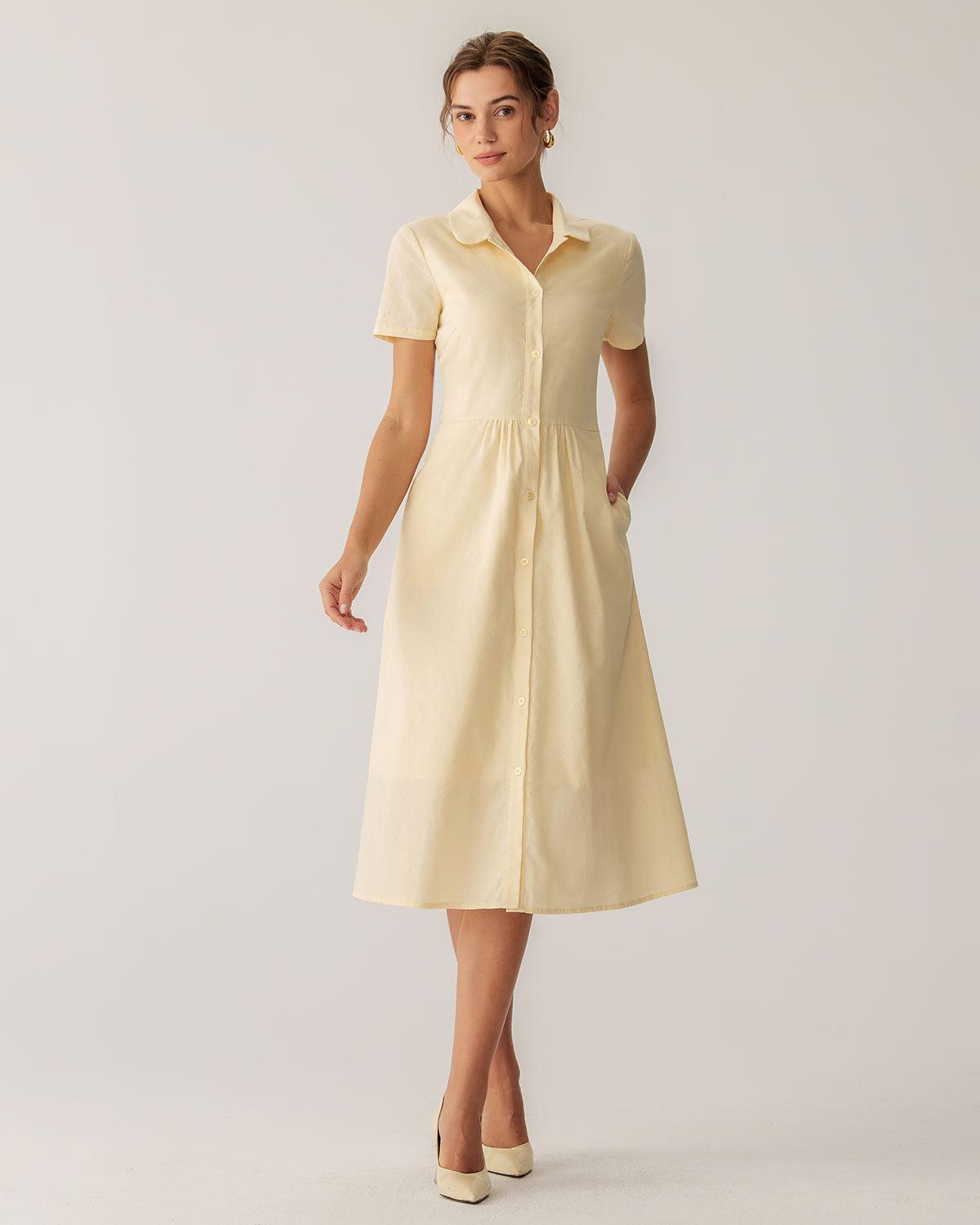 Yellow Button Short Sleeve Midi Dress Product Image