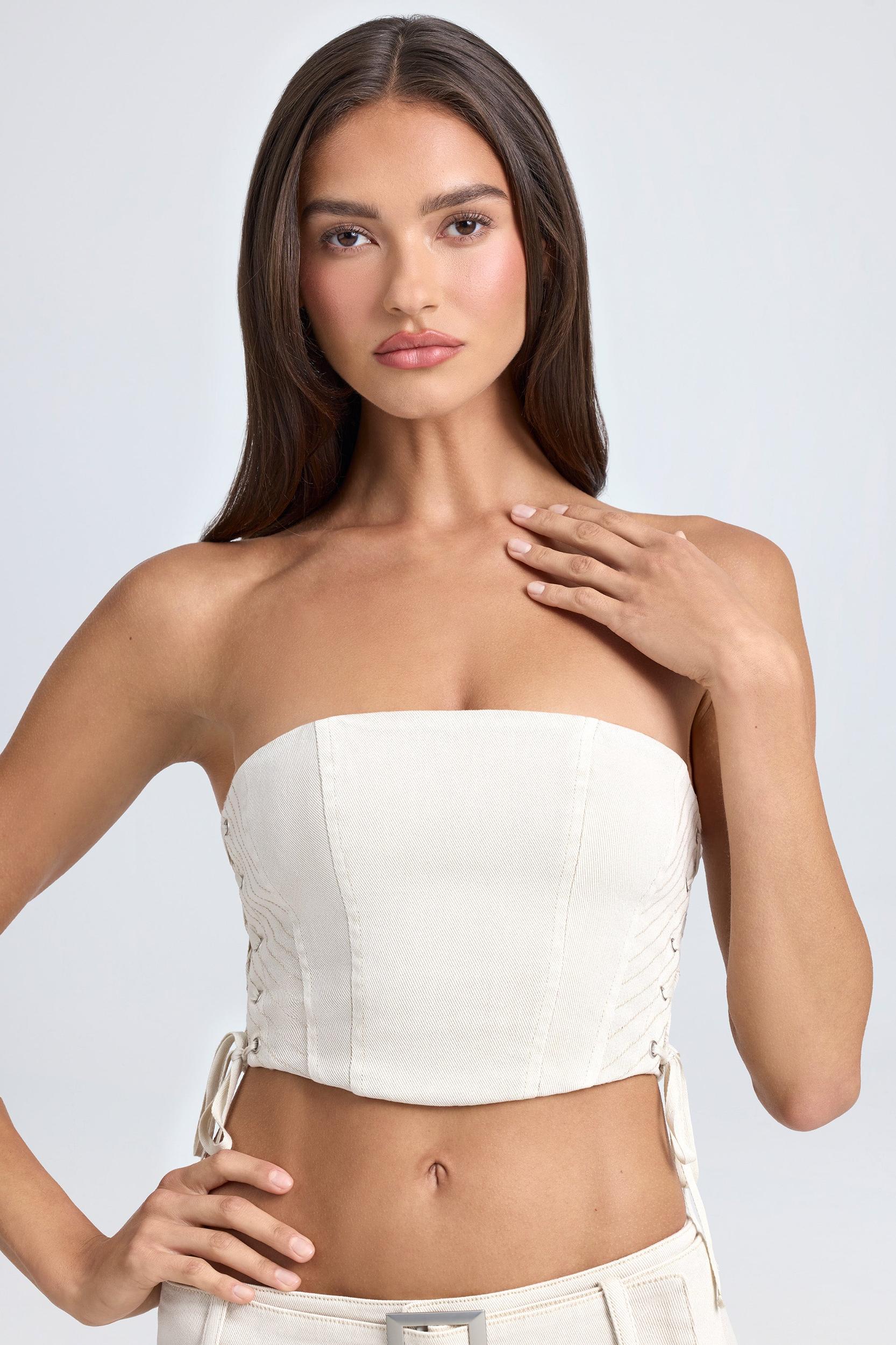Bandeau Lace-Up Corset Crop Top in Ecru Product Image