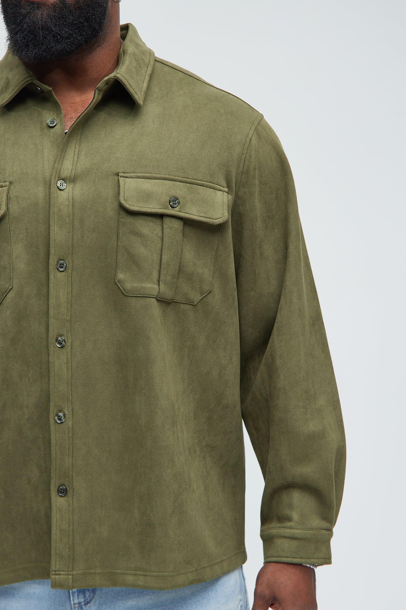Ardee Faux Suede Button Up Shirt - Olive Product Image