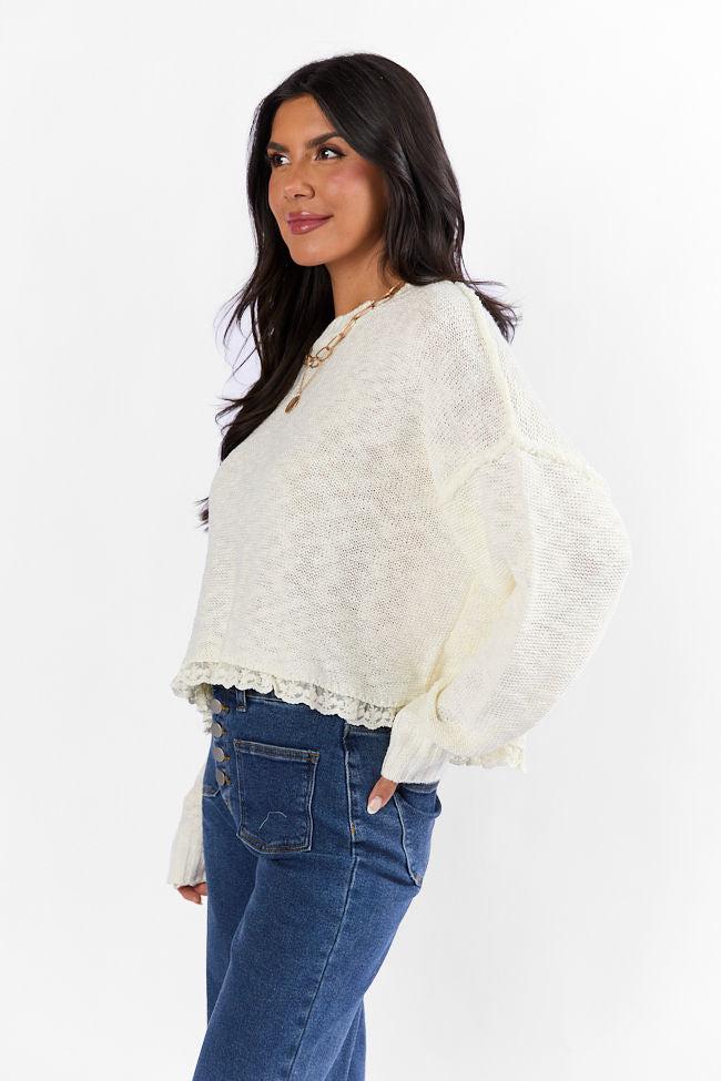 Harp On It Cream Lace Hem Crew Neck Sweater FINAL SALE Product Image