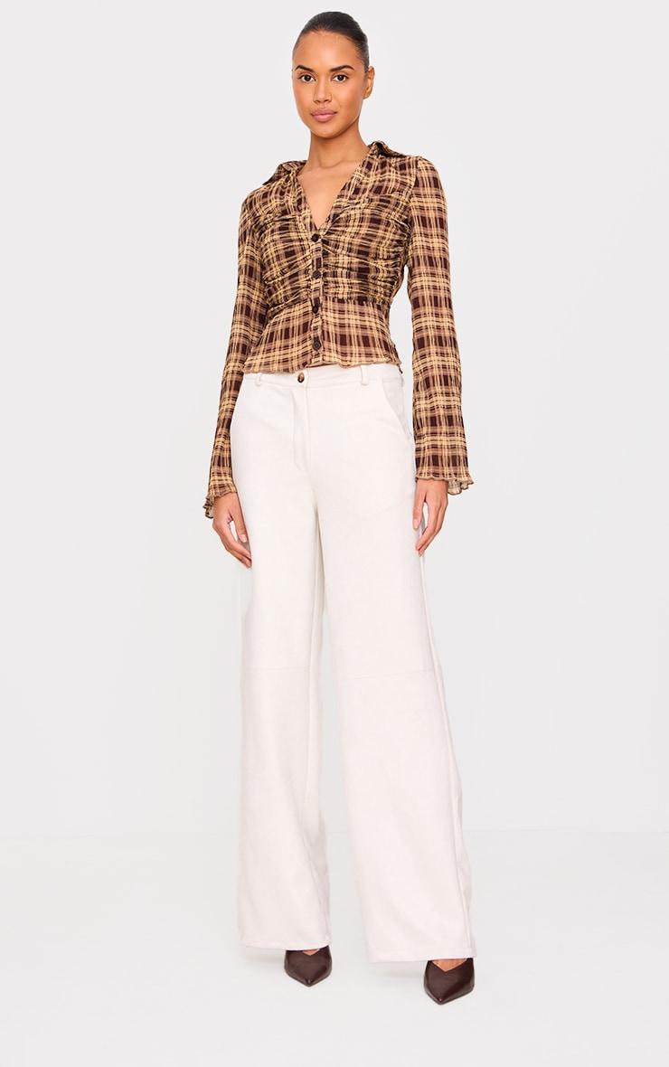 Brown Plisse Chiffon Check Blouse Product Image