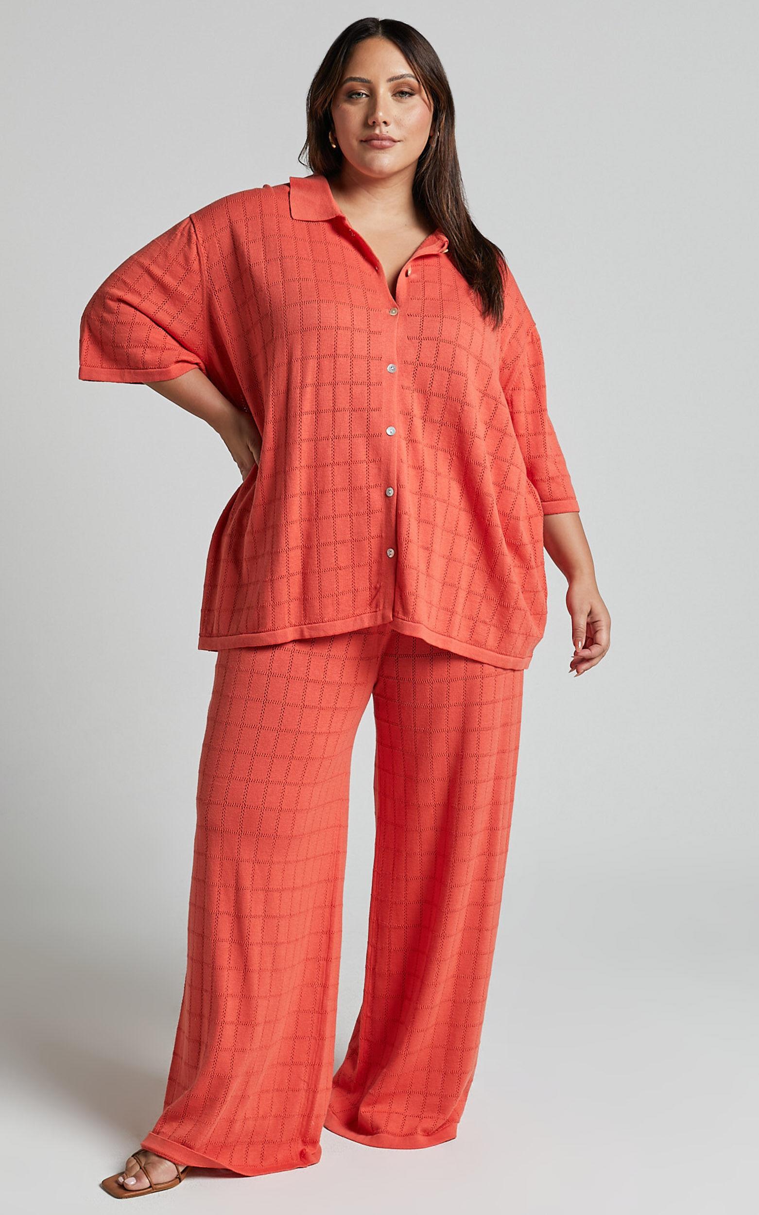 Tommy Two Piece Set - Knit Button Through Top and Pants Two Piece Set in Coral Product Image