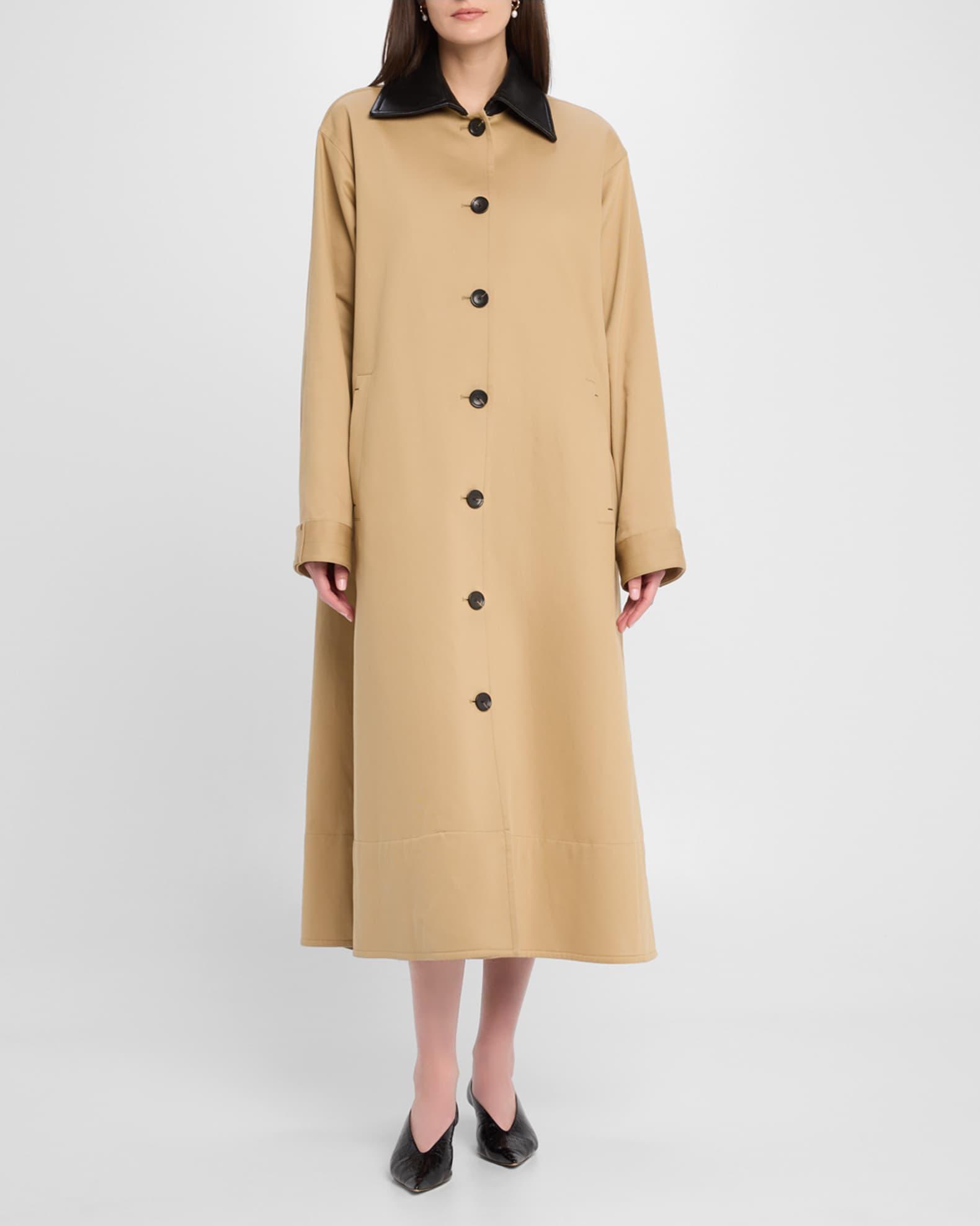 Leather-Collar A-Line Long Swing Coat Product Image