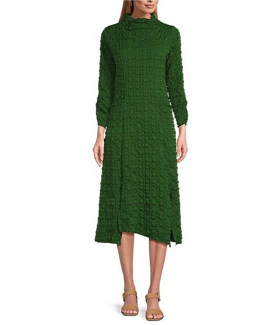 IC Collection Textured Bubble Check Pucker Woven Mock Neck 3/4 Sleeve Asymmetrical Hem Midi A-Line Dress Product Image