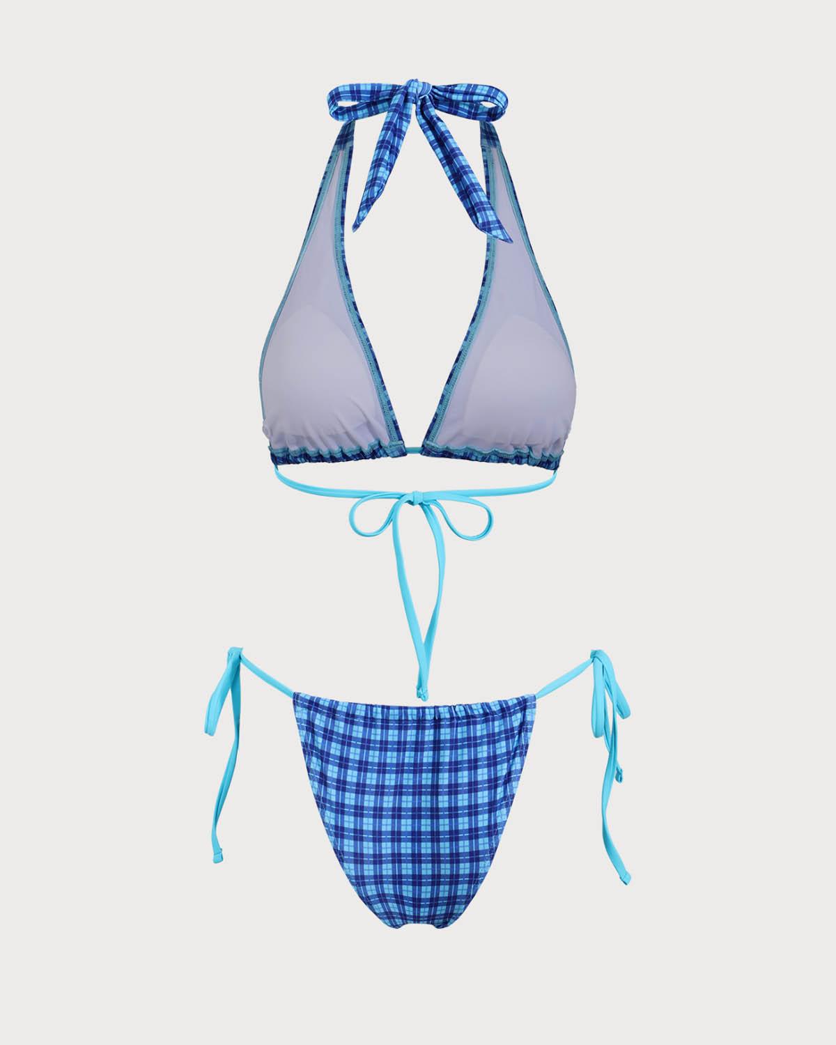 Blue Knit Vintage Plaid Print Bikini Set Product Image