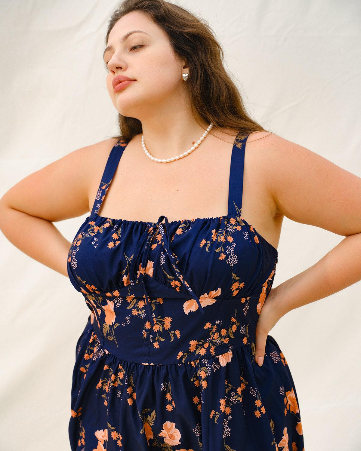 Navy Floral Ruched Plus Size Slip Midi Dress Product Image