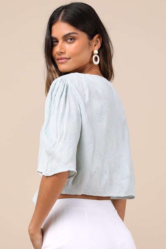 Delightful Darling Mint Floral Embroidered Tie-Front Crop Top Product Image