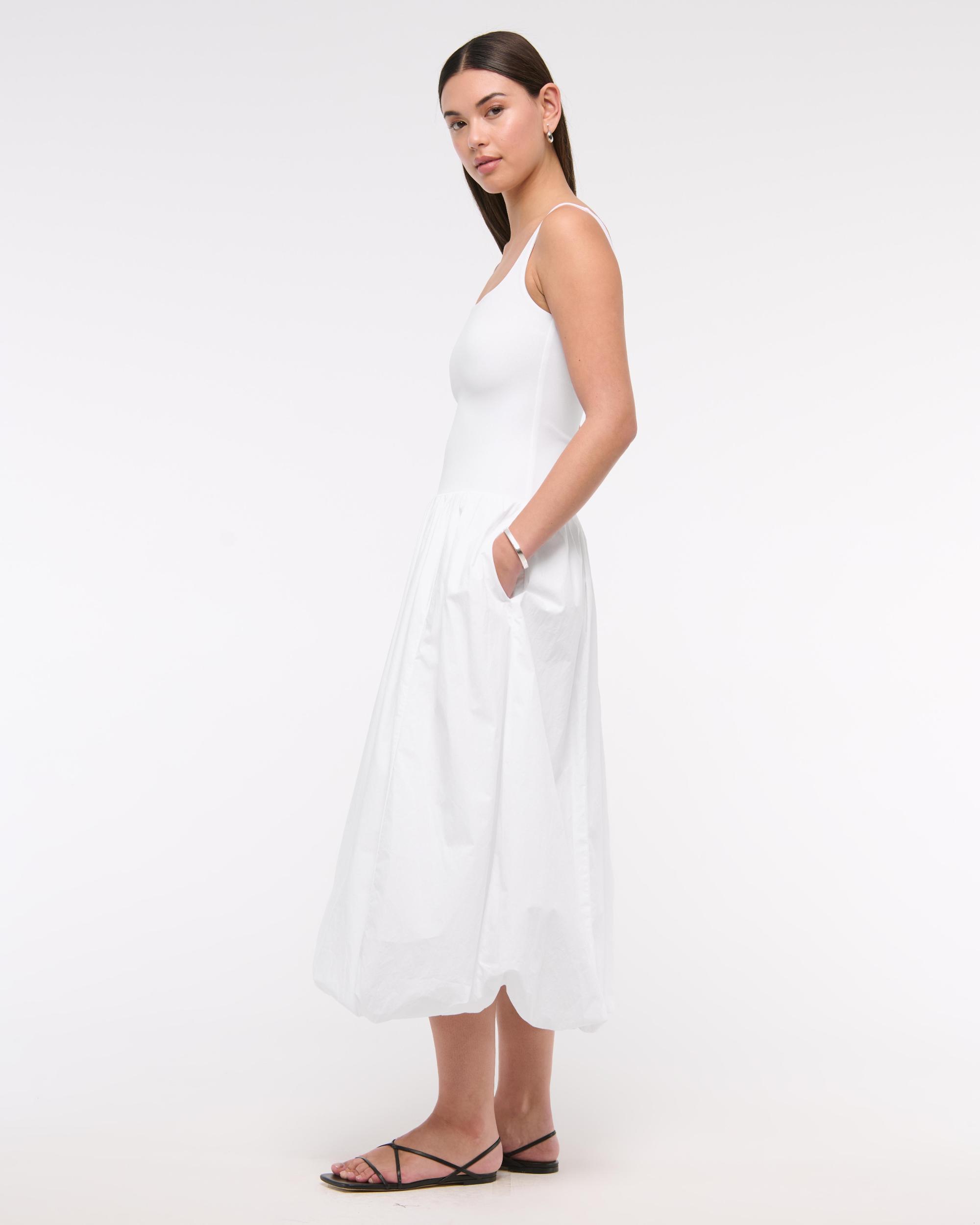 Mixed Fabric Bubble Hem Midi Dress Product Image