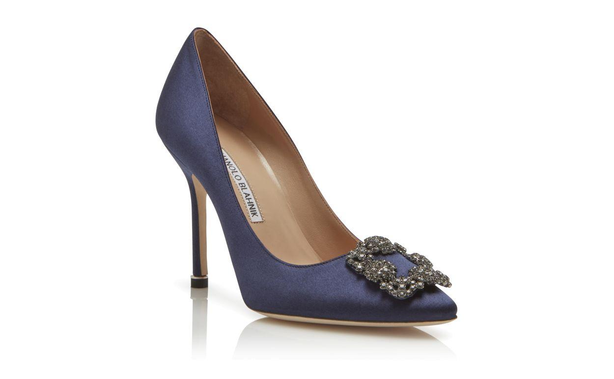 HANGISI Navy Blue Satin Jewel Buckle Pumps Product Image