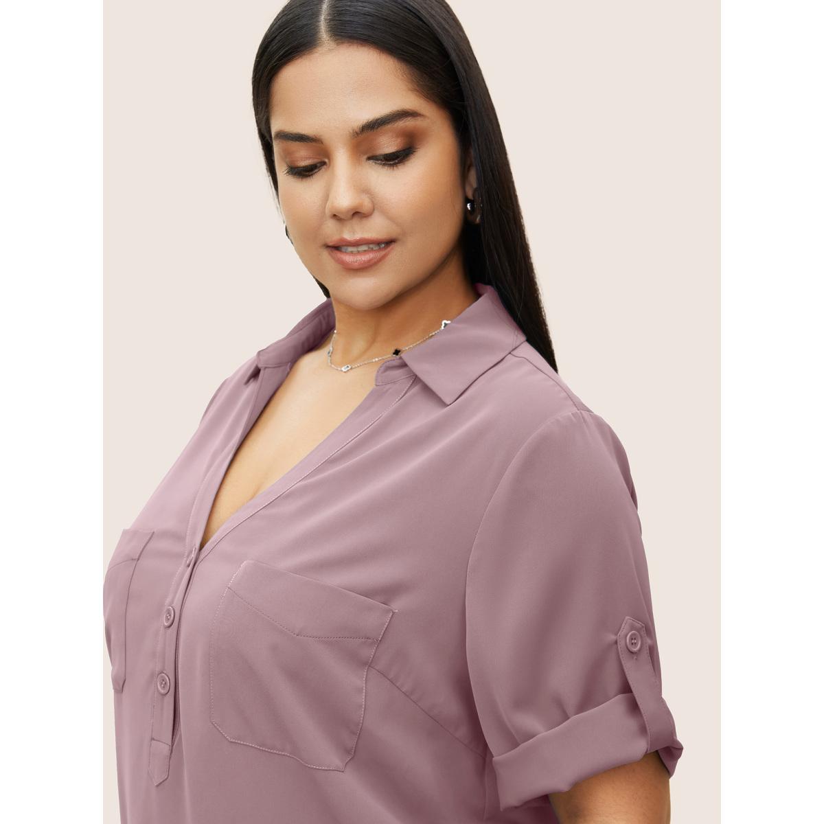 Plus Size Mauve Shirt Collar Patched Pocket Tab Sleeve Blouse Women Work From Home Elbow-length sleeve Shirt collar Office Blouses BloomChic 10/M Product Image