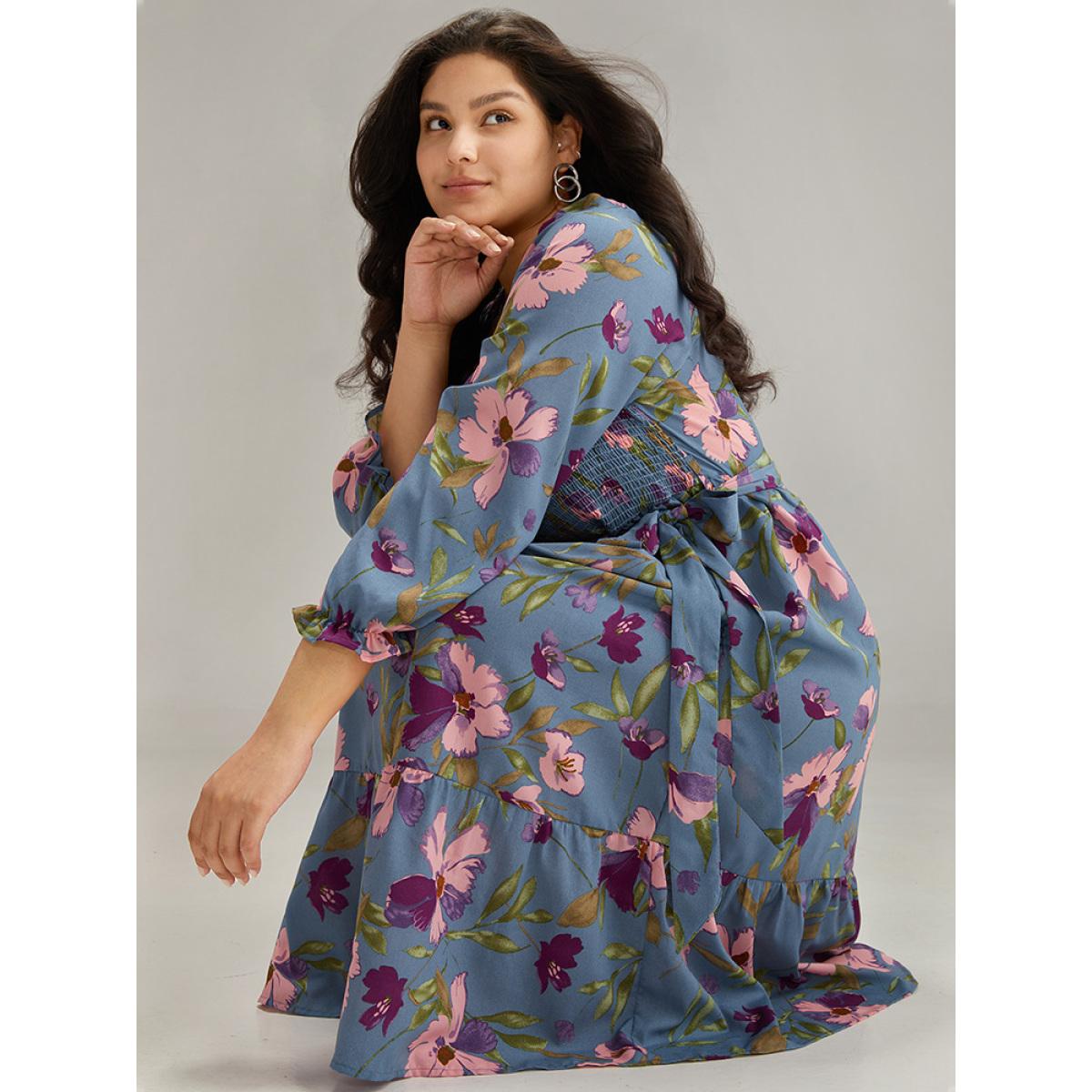 Plus Size Floral Print Puff Sleeve Belted Shirred Dress Stone Women Elegant Elastic cuffs Square Neck Long Sleeve Curvy Midi Dress BloomChic 22-24/3X Product Image