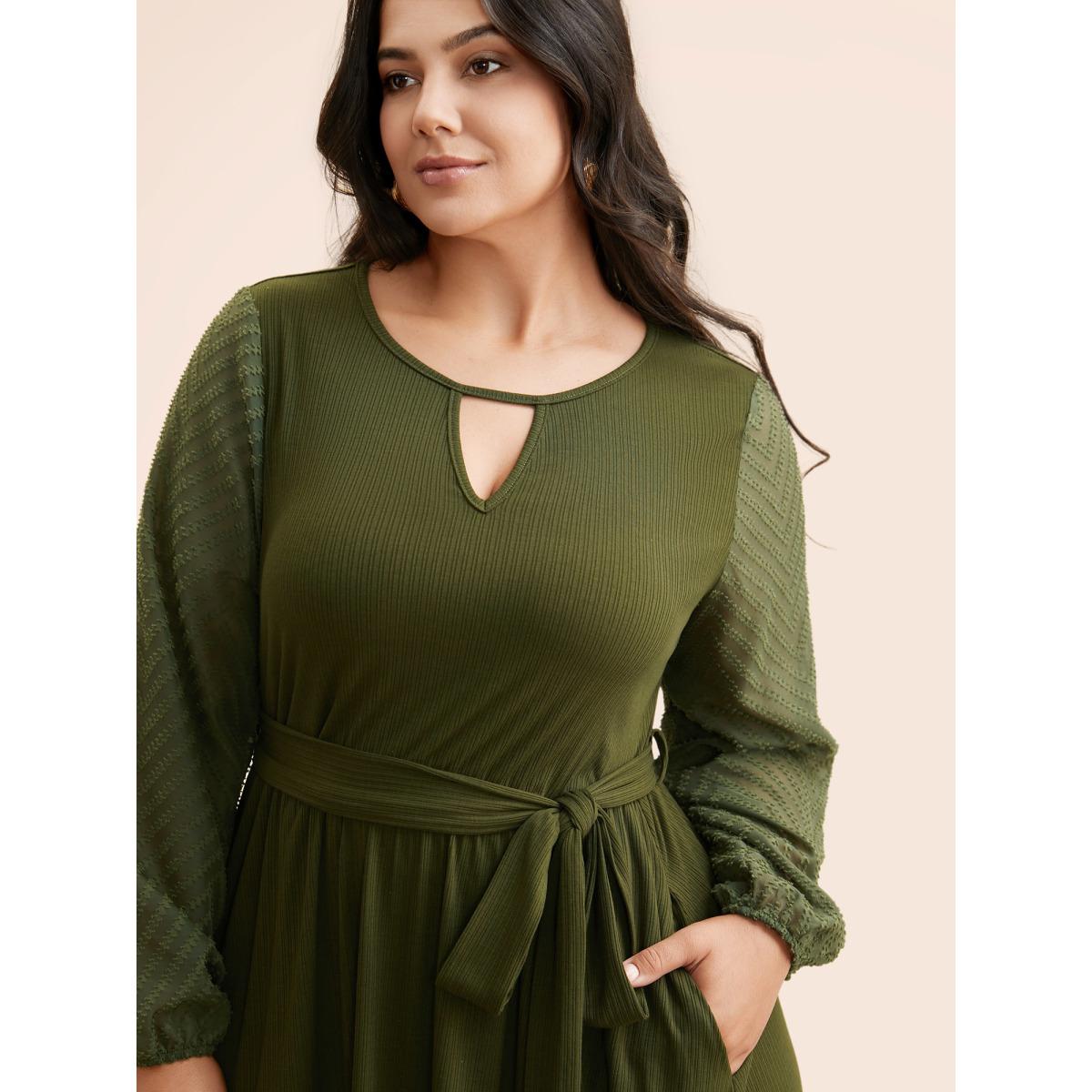 Plus Size Textured Patchwork Keyhole Belted Dress Moss Women Elegant Texture Round Neck Long Sleeve Curvy BloomChic 10/M Product Image