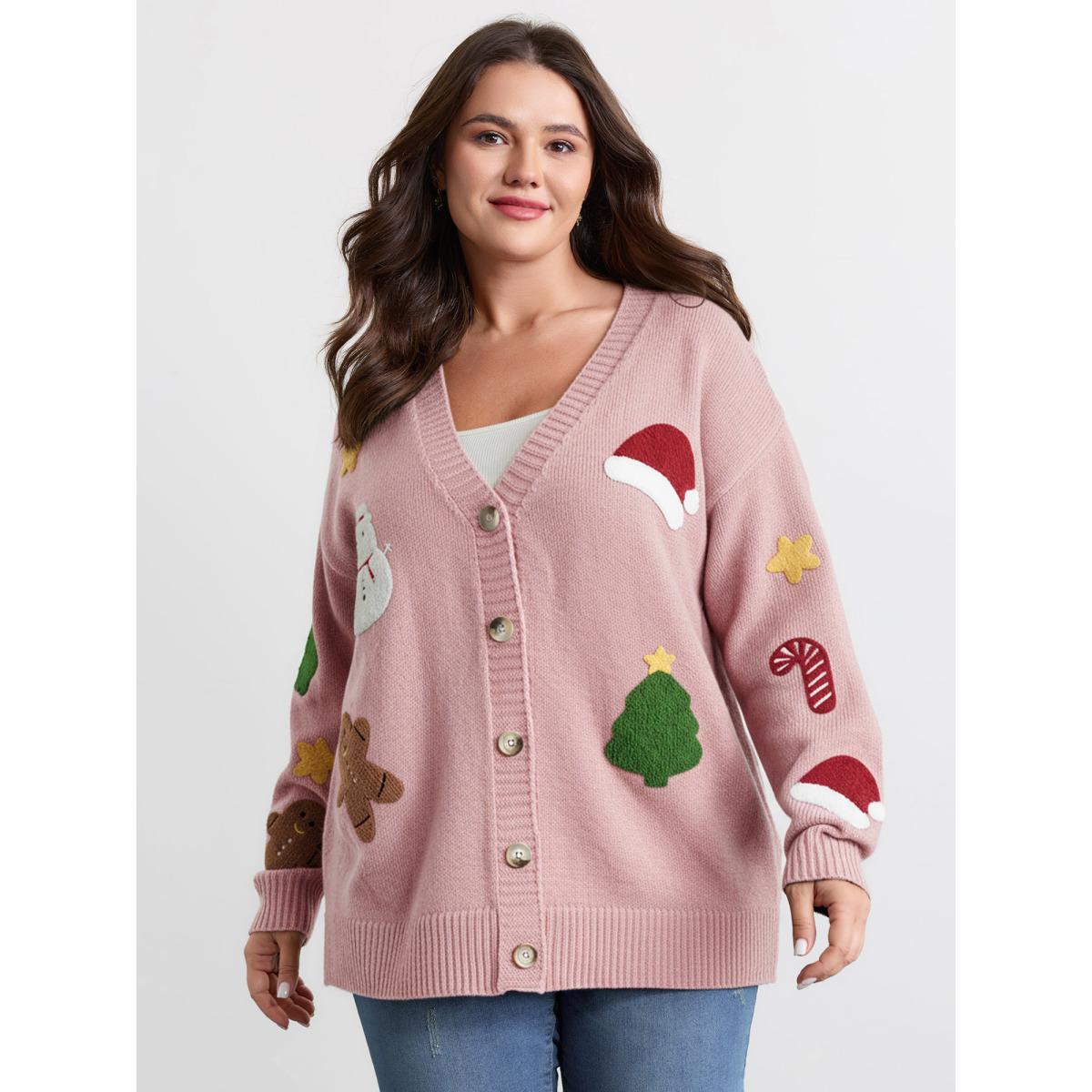 Plus Size Gingerbread Santa Embroidery Knit Cardigan Dirtypink Women Playful Loose Long Sleeve Casual Cardigans BloomChic 26/4X Product Image