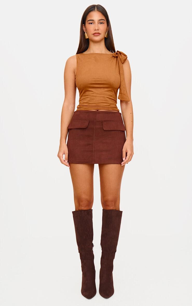 Chocolate Faux Suede Pocket Front Mini Skirt Product Image