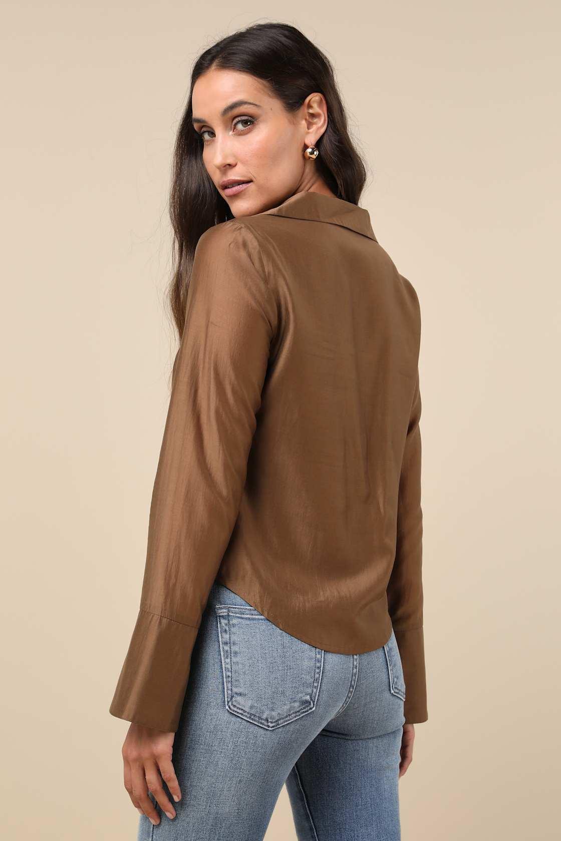 Poised Essence Brown Collared Button-Up Long Sleeve Top Product Image