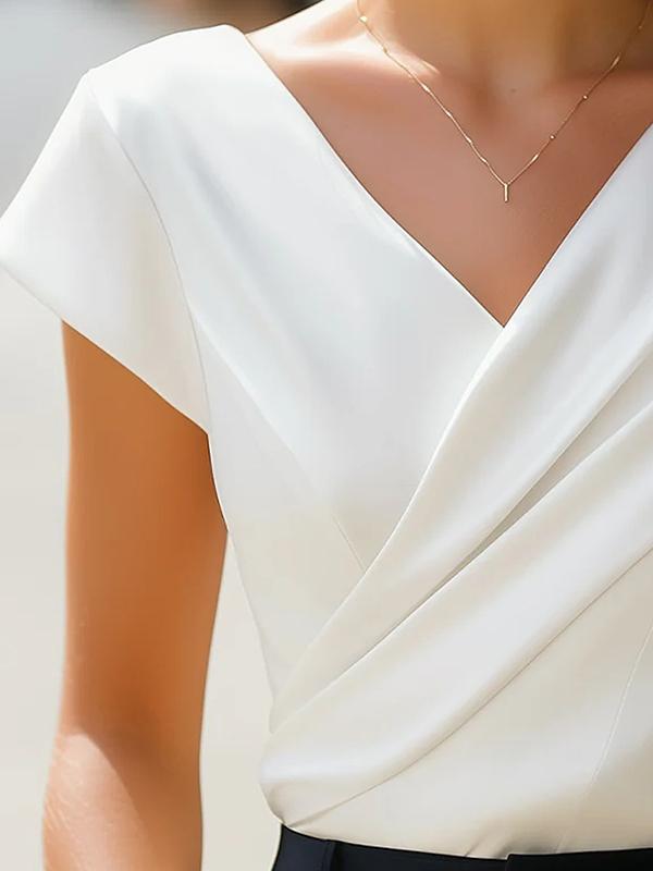 Loose Short Sleeves Asymmetric Pleated Solid Color Split-Joint V-Neck T-Shirts Tops Product Image