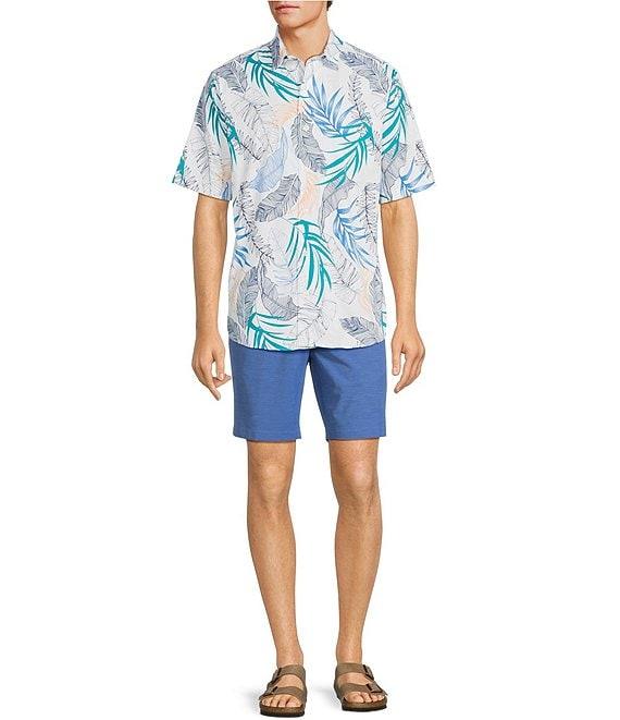 Caribbean Isle Breeze Performance Stretch Large Leaves Tropical Print Short Sleeve Woven Shirt Product Image