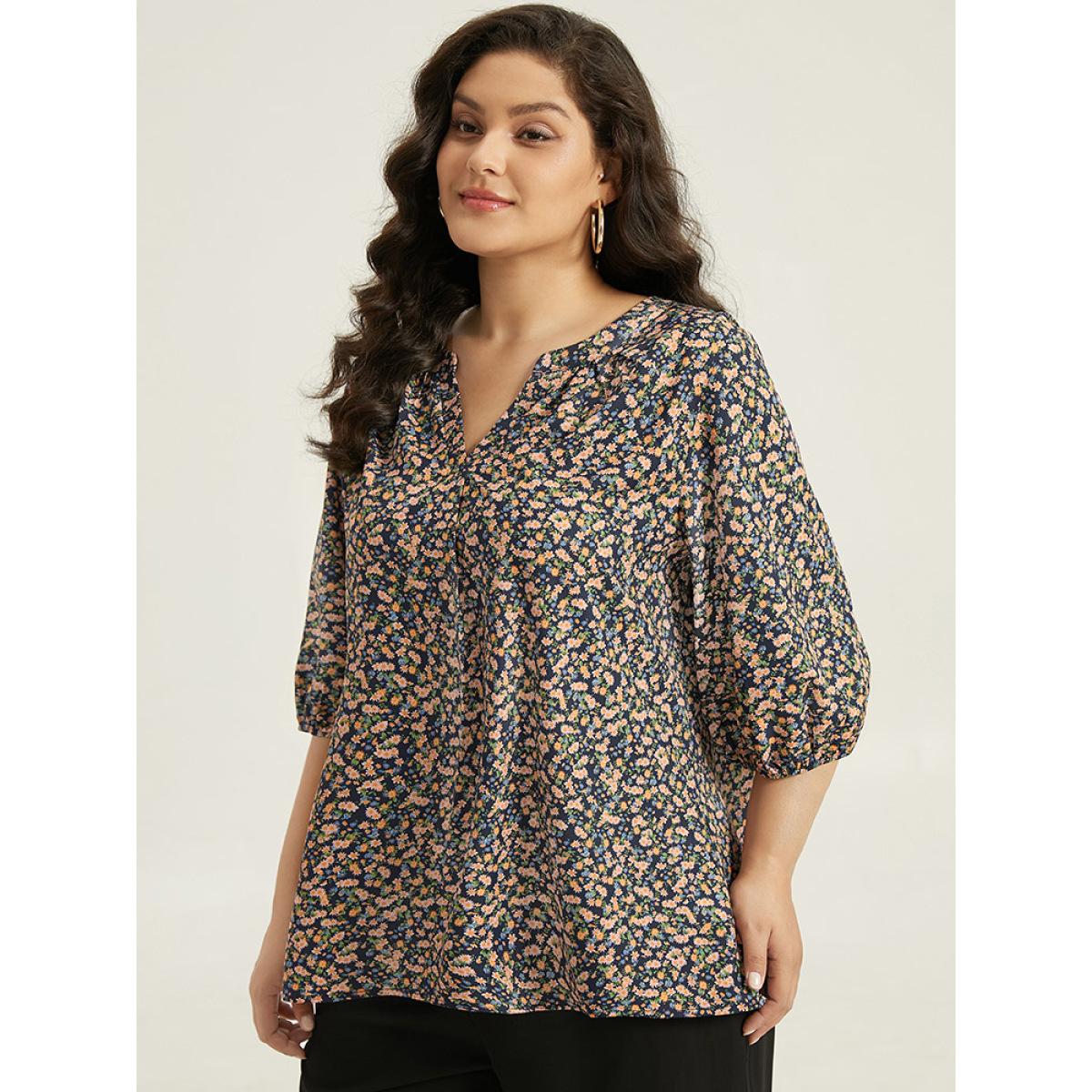 Plus Size Multicolor Ditsy Floral Notched Elastic Cuffs Blouse Women Elegant Elbow-length sleeve V-neck Dailywear Blouses BloomChic 12/L Product Image