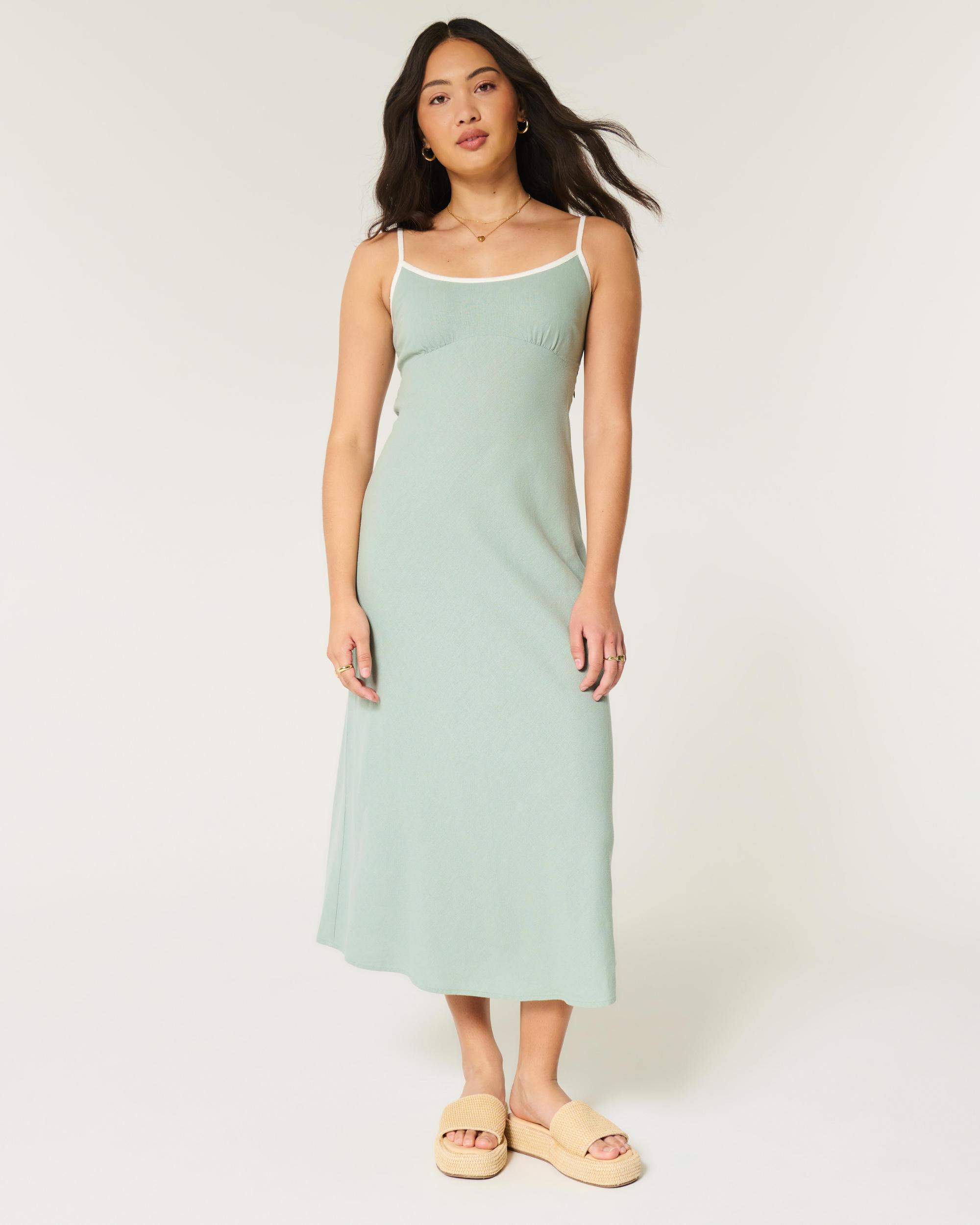 Linen-Blend Open Back Slip Midi Dress Product Image