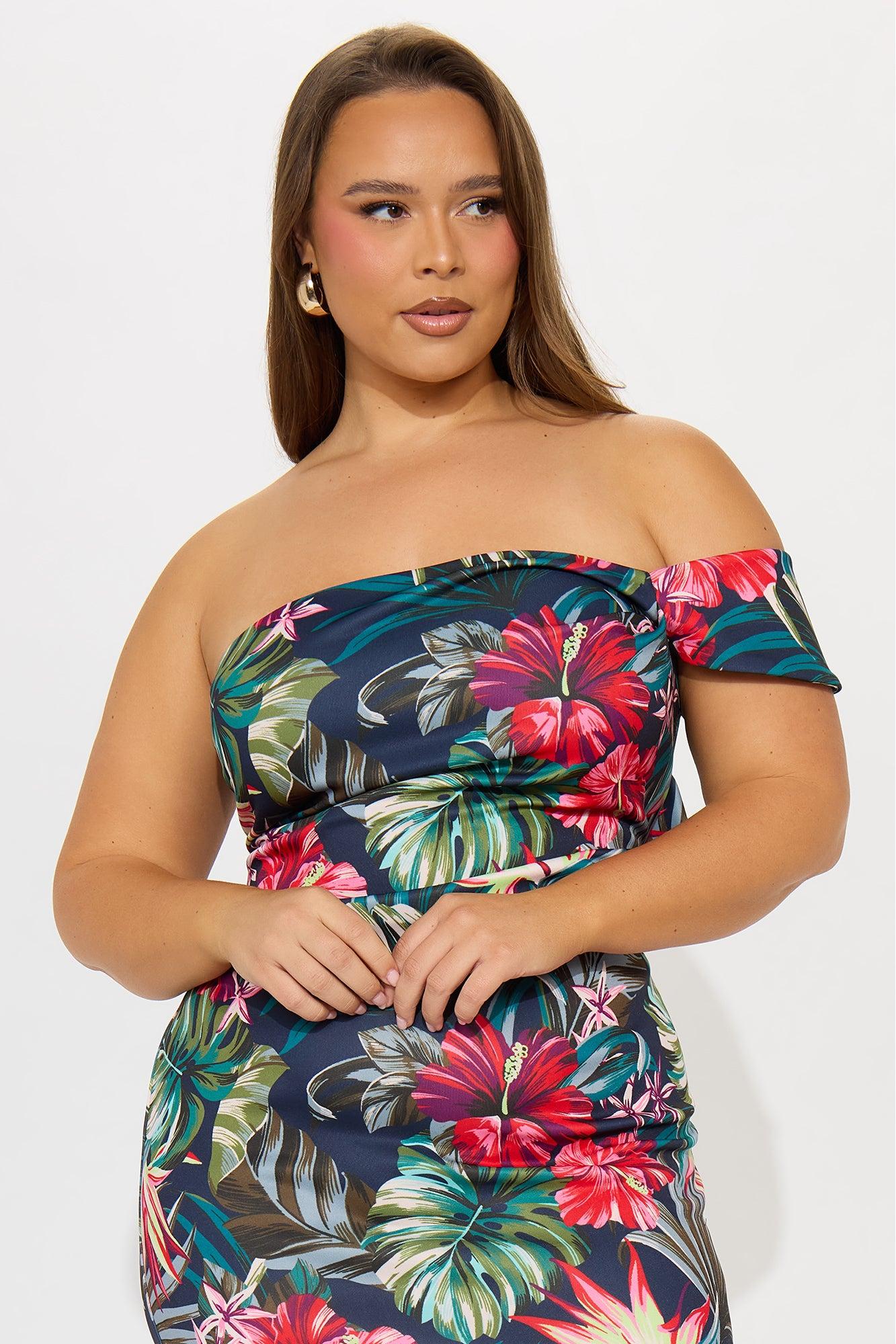 Island Gal Tropical Off Shoulder Midi Dress - Navy/combo Product Image