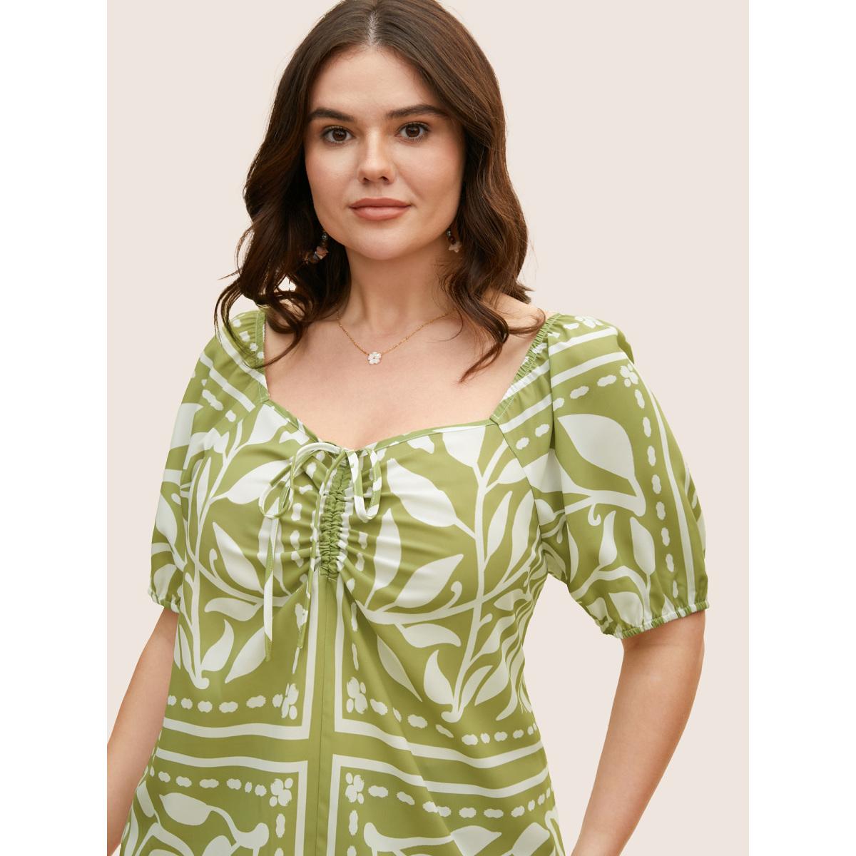 Plus Size Sage Heart Neckline Boho Print Drawstring Gathered Blouse Women Resort Short sleeve Heart neckline Vacation Blouses BloomChic 12/L Product Image