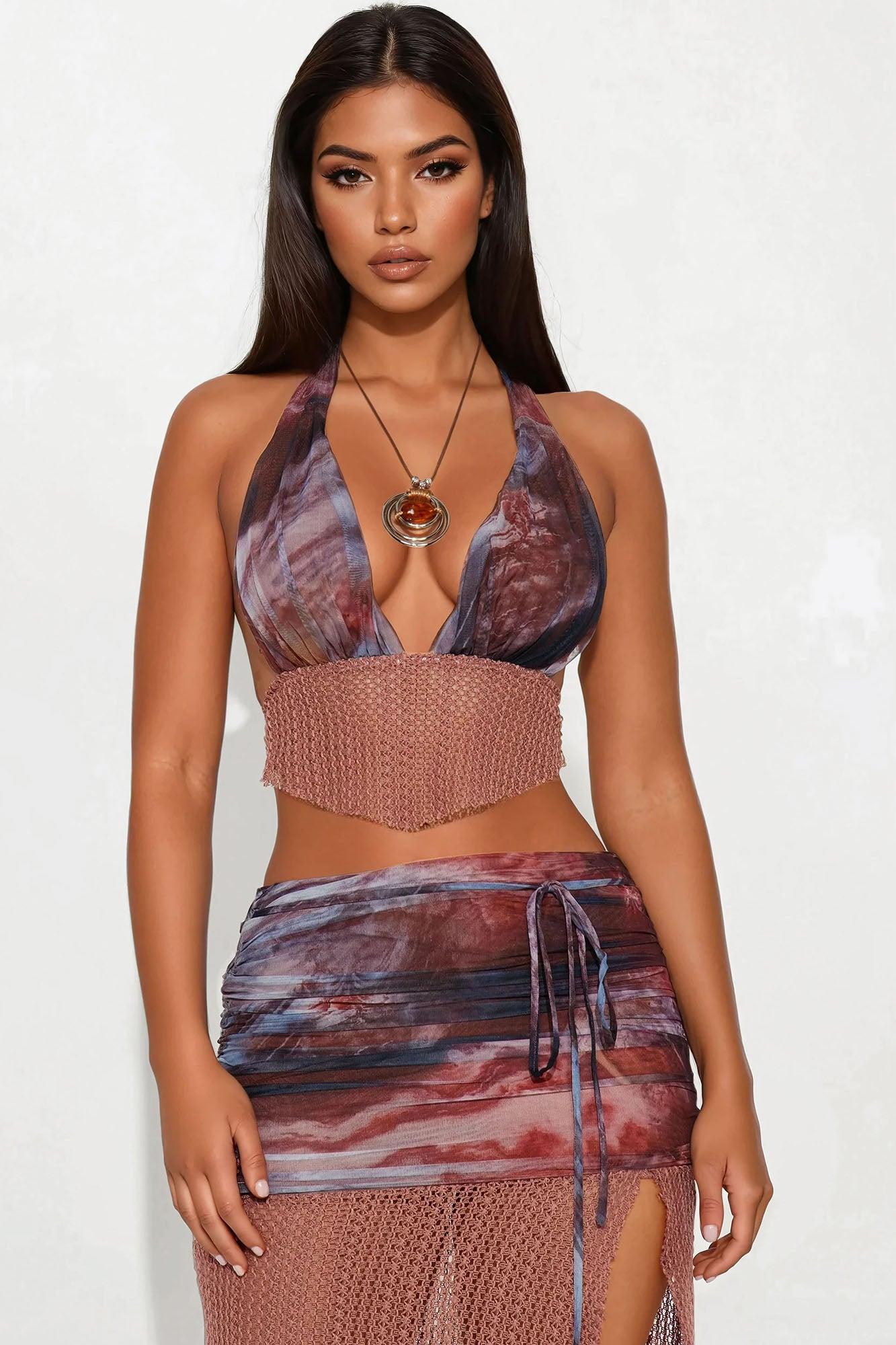 Rebel Waves Mesh and Crochet Skirt Set - Rust/combo Female Product Image
