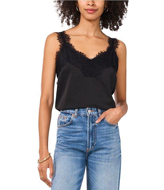 Vince Camuto Woven V-Neck Sleeveless Lace Trim Blouse Product Image